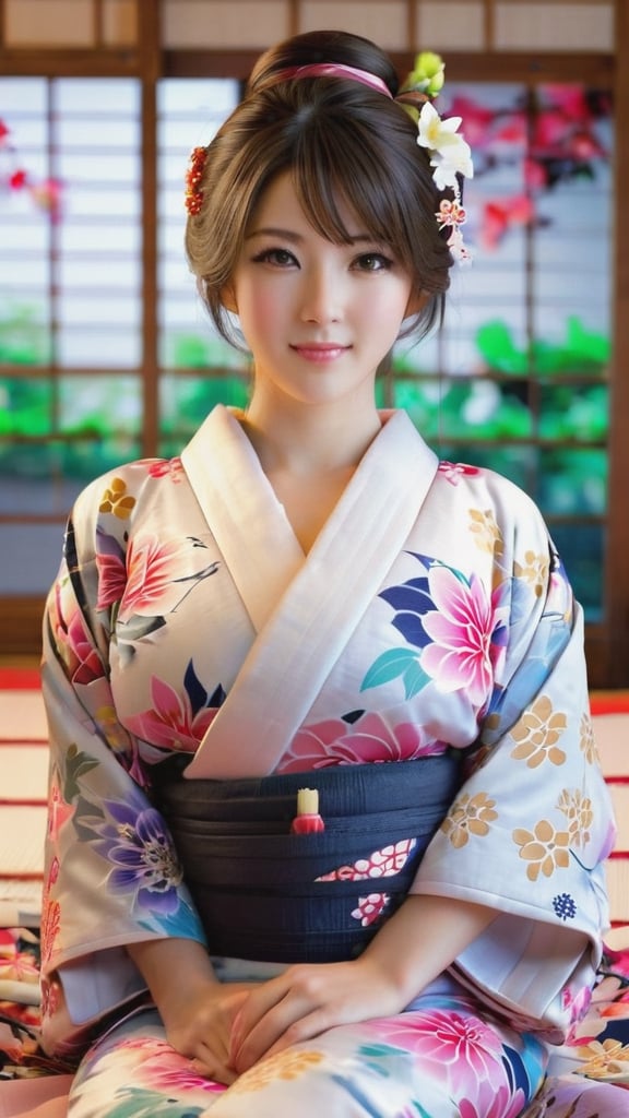 1girl, very cute face, amazing face and eyes, (highly detailed eyes, highly detailed face), fresh, very clean look, (super realistic, high resolution), (best quality: 1.4), original Photos, (real, realistic): 1.37), professional photography, (flower pattern yukata: 1.25), (amazing big breasts: 1.1), (open yukata), (naked charming breasts), (bare shoulders), slight smile , (staring at me), bedroom, futon, pillow, floral screen, relaxation, realism, portrait, young beautiful spirit, best face in the world