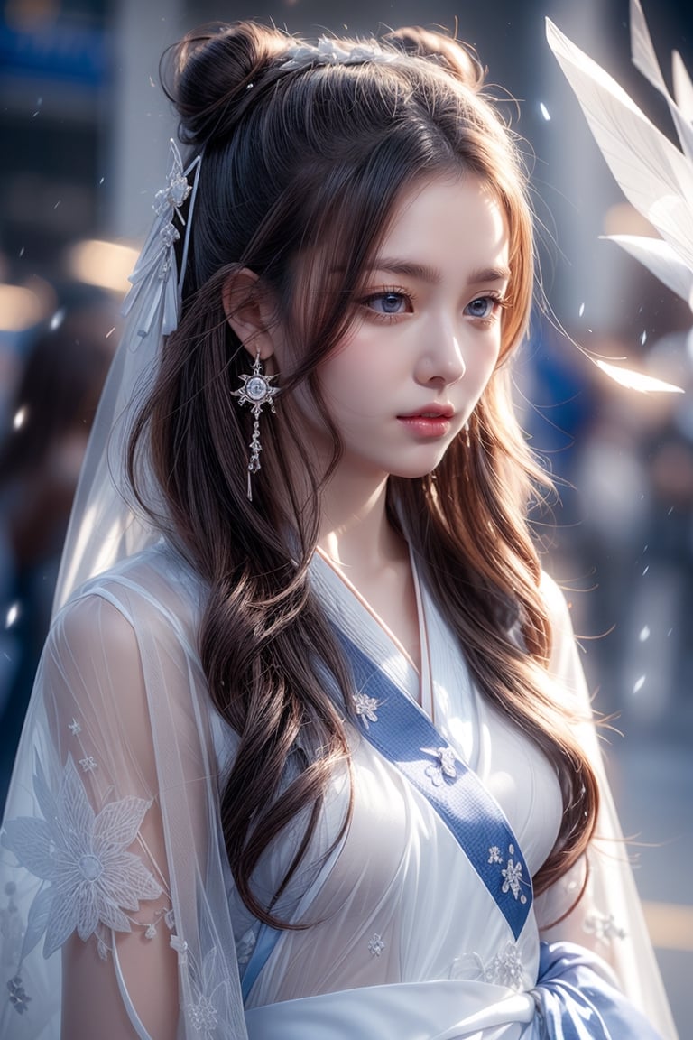 The background is midnight sky,big blue moon,dark night,snow blowing,16 yo, 1 girl,sword,halo,shining bracelet,beautiful hanfu(white, transparent),cape, cloth blowing in wind, solo, {beautiful and detailed eyes}, calm expression, natural and soft light, delicate facial features, cute japanese idol, very small earrings, ((model pose)), Glamor body type, (dark hair:1.2),  beehive,big bun,very_long_hair, hair past hip, curly hair, flim grain, realhands, masterpiece, Best Quality, photorealistic, ultra-detailed, finely detailed, high resolution, perfect dynamic composition, beautiful detailed eyes, eye smile, ((nervous and embarrassed)), sharp-focus, full_body, sexy pose,cowboy_shot,ruanyi0060