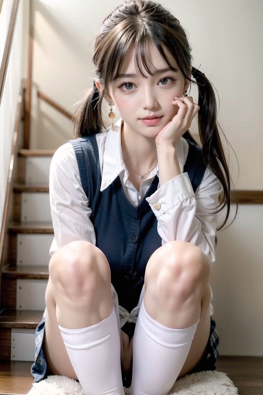 Extremely Realistic, Best quality, master piece, high resolution, high quality, high detail, perfect human anatomy, realistic , cute and small face and eyes and body and fingers and skin, perfect  face and eyes and body and fingers and skin, detailed face and eyes and body and fingers and skin, 16K,
1 girl on school gym stair top,Japanese, light brown hair, long hair, wavy hair：1.2, pigtails, double hair：1.5, cute face, perfect female body, large breasts, skinny body, hairpin, inverted triangle earrings, checkered shirt, tie, big sweater vest , (missing bottoms fashion), knee socks, school skirt,white panties,long-sleeved shirt, blush, forced smile, big eyes, park, cute pose,High detailed ,pussy fingering, realistic picture, ((full bang)), 2023's, ,Realism