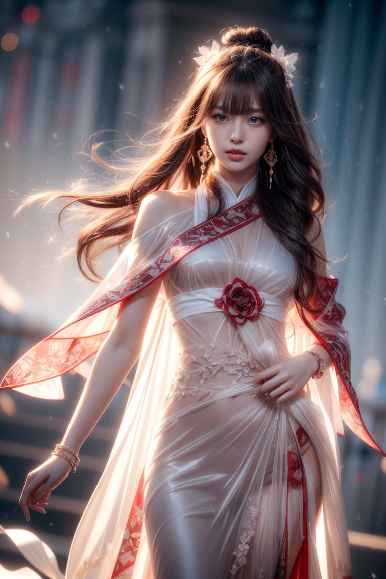 The background is midnight sky,big blue moon,dark night,snow blowing,16 yo, 1 girl,sword,halo,shining bracelet,beautiful hanfu(white, transparent),cape, cloth blowing in wind, solo, {beautiful and detailed eyes}, calm expression, natural and soft light, delicate facial features, cute japanese idol, very small earrings, ((model pose)), Glamor body type, (dark hair:1.2),  beehive,big bun,very_long_hair, hair past hip, curly hair, flim grain, realhands, masterpiece, Best Quality, photorealistic, ultra-detailed, finely detailed, high resolution, perfect dynamic composition, beautiful detailed eyes, eye smile, ((nervous and embarrassed)), sharp-focus, full_body, sexy pose,cowboy_shot,ruanyi0060