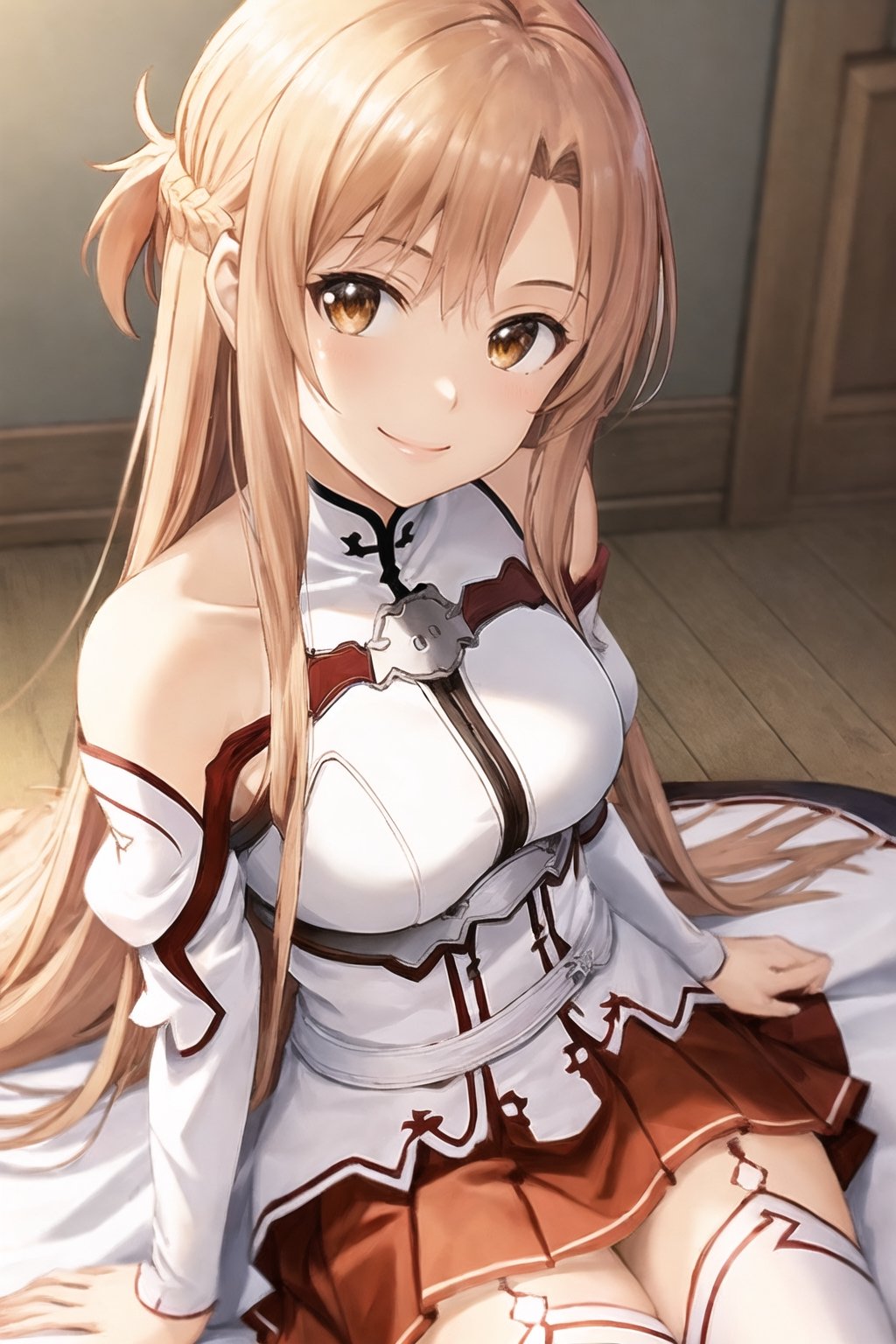 {best quality}, {highly detailed}, masterpiece, beautiful face,{{1girl}}, {{yuuki asuna}}, long hair,  brown hair, braid,  brown eyes,  bare shoulders, white sleeves, detached sleeves, red skirt, pleated skirt,  white thighhighs, shiny skin, {game cg}, {medium breasts}, blurry background, indoors, pov, {{smile}}, from above, {looking at viewer}, {{{yokozuwari}}}, arm support,