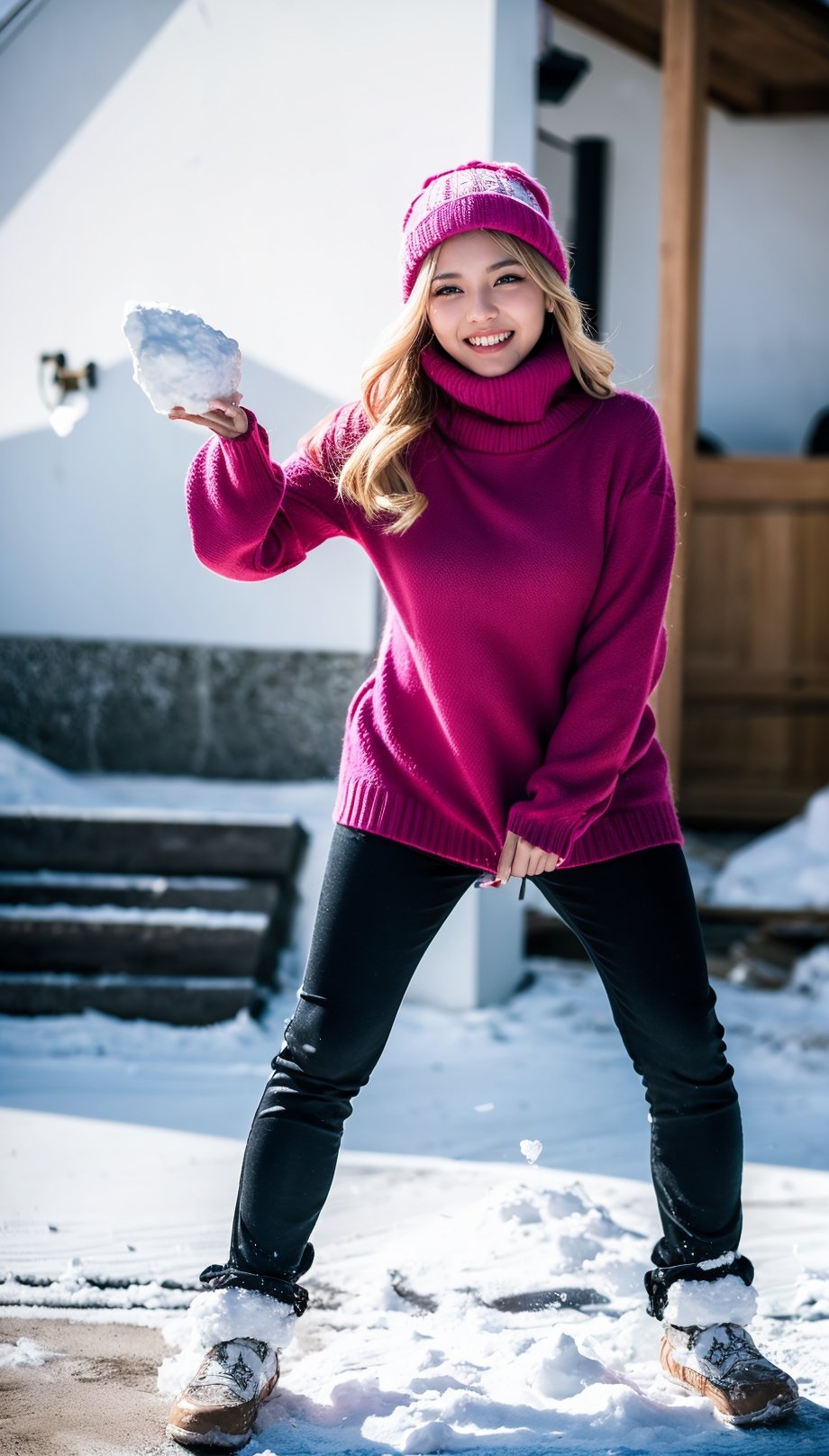 1 gorgeous blonde woman with long wavy hair wearing a wool turtleneck sweater, a bonnet on the head and tight pants, 23 ans, she’s a playboy magazine model, (action pose throwing snowball:1.0), having a great fun playing Snowball Fight, smile, happiness, canon 85 mm, Light depth of field, Kodak Ektar 200, perfect fit body, extreme details ,UHD
,3D, 