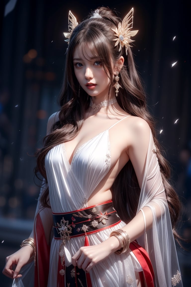 The background is midnight sky,big blue moon,dark night,snow blowing,16 yo, 1 girl,sword,halo,shining bracelet,beautiful hanfu(white, transparent),cape, cloth blowing in wind, solo, {beautiful and detailed eyes}, calm expression, natural and soft light, delicate facial features, cute japanese idol, very small earrings, ((model pose)), Glamor body type, (dark hair:1.2),  beehive,big bun,very_long_hair, hair past hip, curly hair, flim grain, realhands, masterpiece, Best Quality, photorealistic, ultra-detailed, finely detailed, high resolution, perfect dynamic composition, beautiful detailed eyes, eye smile, ((nervous and embarrassed)), sharp-focus, full_body, sexy pose,cowboy_shot,ruanyi0060