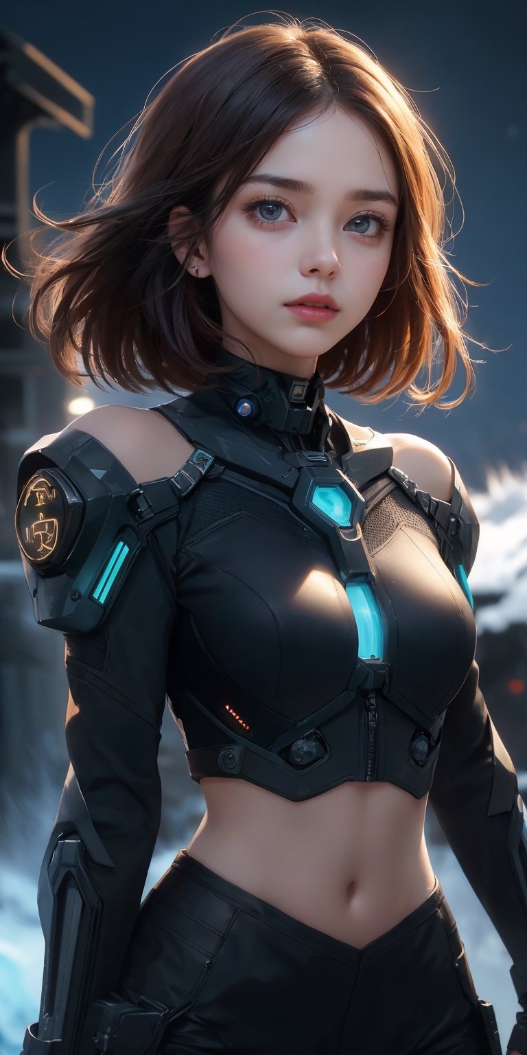 Special operation agent, futuristic tactical black suite, extra detailed, detailed anatomy, detailed face, detailed eyes,8k, RAW Photo, Best Quality, Masterpiece,Realism, extra detailed,detailed anatomy, detailed face, detailed eyes, 1 girl, short brown hair, Glare Eyes, Cute Face., stunning anime face portrait, beautiful seductive anime girl,beautiful anime portrait, beautiful anime girl,beautiful off futuristic, brown eyes, off shoulder, crop top, sexy, (((night))), (((background strong wind blizzard futuristic sci-fi outpost))),looking at viewer,(full Body:0),photo of perfecteyes eyes,Portrait