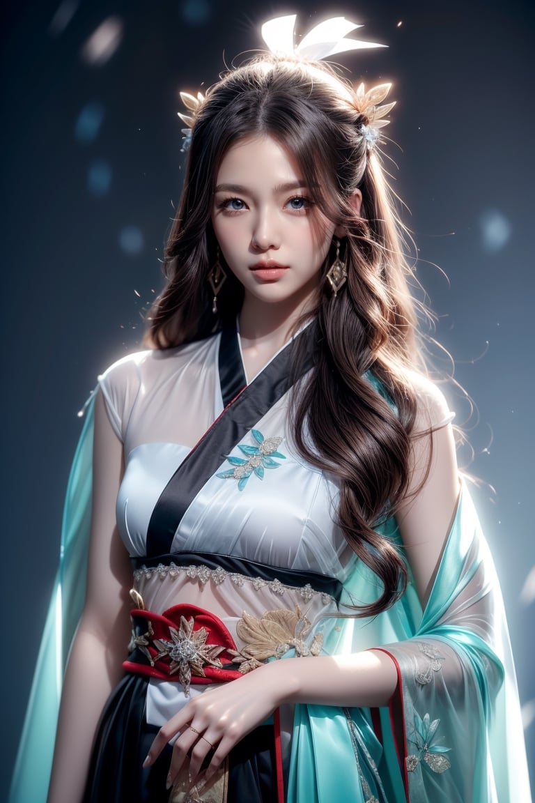 The background is midnight sky,big blue moon,dark night,snow blowing,16 yo, 1 girl,sword,halo,shining bracelet,beautiful hanfu(white, transparent),cape, cloth blowing in wind, solo, {beautiful and detailed eyes}, calm expression, natural and soft light, delicate facial features, cute japanese idol, very small earrings, ((model pose)), Glamor body type, (dark hair:1.2),  beehive,big bun,very_long_hair, hair past hip, curly hair, flim grain, realhands, masterpiece, Best Quality, photorealistic, ultra-detailed, finely detailed, high resolution, perfect dynamic composition, beautiful detailed eyes, eye smile, ((nervous and embarrassed)), sharp-focus, full_body, sexy pose,cowboy_shot,ruanyi0060