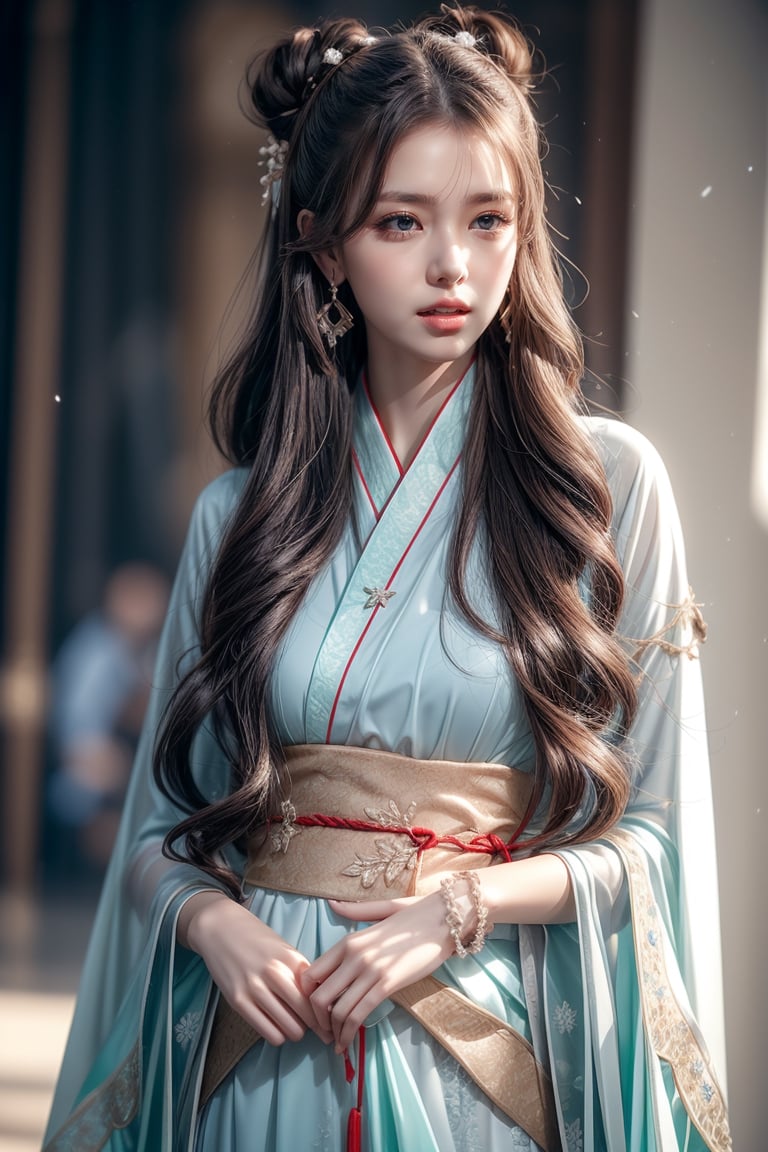 The background is midnight sky,big blue moon,dark night,snow blowing,16 yo, 1 girl,sword,halo,shining bracelet,beautiful hanfu(white, transparent),cape, cloth blowing in wind, solo, {beautiful and detailed eyes}, calm expression, natural and soft light, delicate facial features, cute japanese idol, very small earrings, ((model pose)), Glamor body type, (dark hair:1.2),  beehive,big bun,very_long_hair, hair past hip, curly hair, flim grain, realhands, masterpiece, Best Quality, photorealistic, ultra-detailed, finely detailed, high resolution, perfect dynamic composition, beautiful detailed eyes, eye smile, ((nervous and embarrassed)), sharp-focus, full_body, sexy pose,cowboy_shot,ruanyi0060