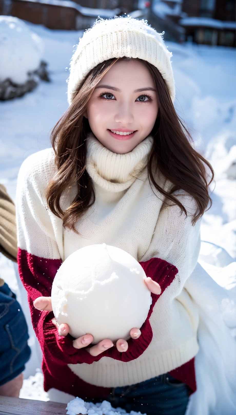 1 gorgeous blonde woman with long wavy hair wearing a wool turtleneck sweater, a bonnet on the head and tight pants, 23 ans, she’s a playboy magazine model, (action pose throwing snowball:1.0), having a great fun playing Snowball Fight, smile, happiness, canon 85 mm, Light depth of field, Kodak Ektar 200, perfect fit body, extreme details ,UHD
,3D