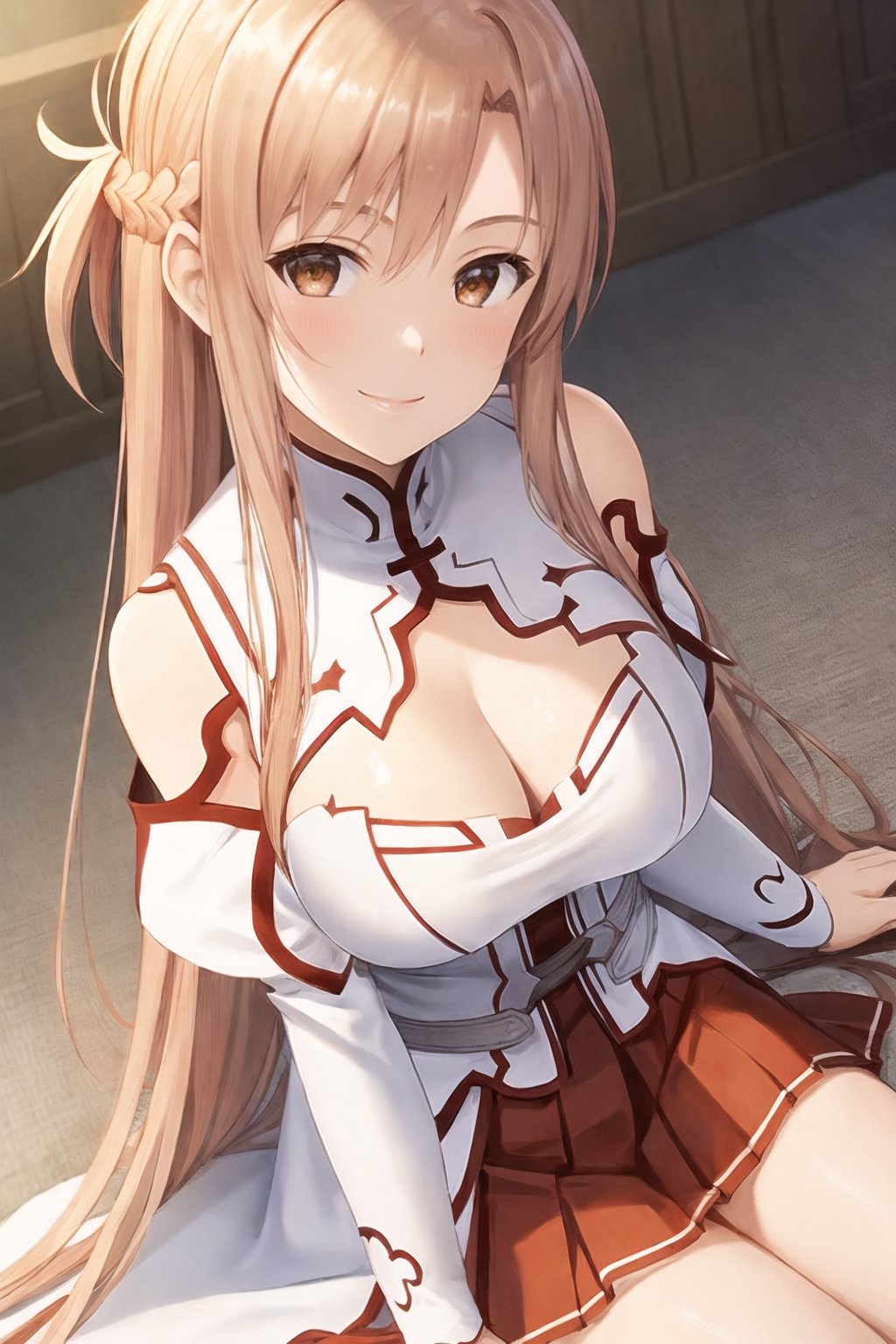 {Best quality}, {Highly detailed}, masterpiece, beautiful face, {{1girl}}, {{yuuki asuna}}, long hair, brown hair, braids, brown eyes, bare shoulders, white sleeves, separated sleeves, red skirt, pleated skirt, white stockings, shiny skin, {game cg}, {big breasts showing cleavage}, blurred background, indoor, pov, {{smile}}, from above, { Looking at the audience}, {{{yokozuwari}}}, arm support,