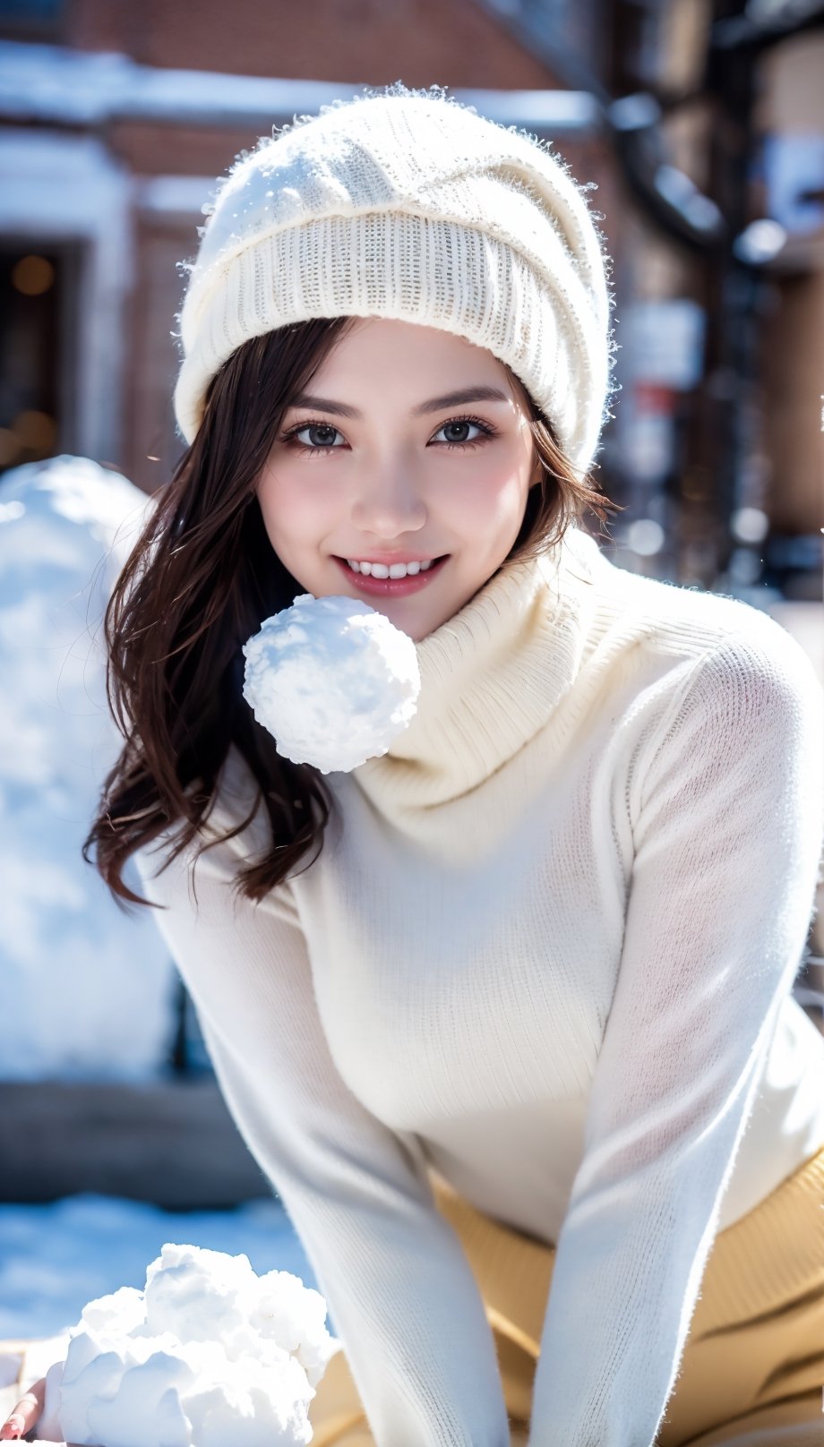 1 gorgeous blonde woman with long wavy hair wearing a wool turtleneck sweater, a bonnet on the head and tight pants, 23 ans, she’s a playboy magazine model, (action pose throwing snowball:1.0), having a great fun playing Snowball Fight, smile, happiness, canon 85 mm, Light depth of field, Kodak Ektar 200, perfect fit body, extreme details ,UHD
,3D