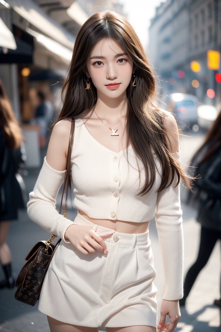 background is Paris,
18 yo, 1 girl, beautiful korean girl,fashion model,
wearing sweater,short skirt(chess pattern),shoulder bag(Louis Vuitton),happy laugh,cloth blowing by wind, solo, {beautiful and detailed eyes}, dark eyes, calm expression, delicate facial features, ((model pose)), Glamor body type, (dark hair:1.2), simple tiny earrings, simple tiny necklace,very_long_hair, hair past hip, bangs, curly hair, flim grain, realhands, masterpiece, Best Quality, 16k, photorealistic, ultra-detailed, finely detailed, high resolution, perfect dynamic composition, beautiful detailed eyes, eye smile, ((nervous and embarrassed)), sharp-focus, full_body, cowboy_shot,3D,Ava