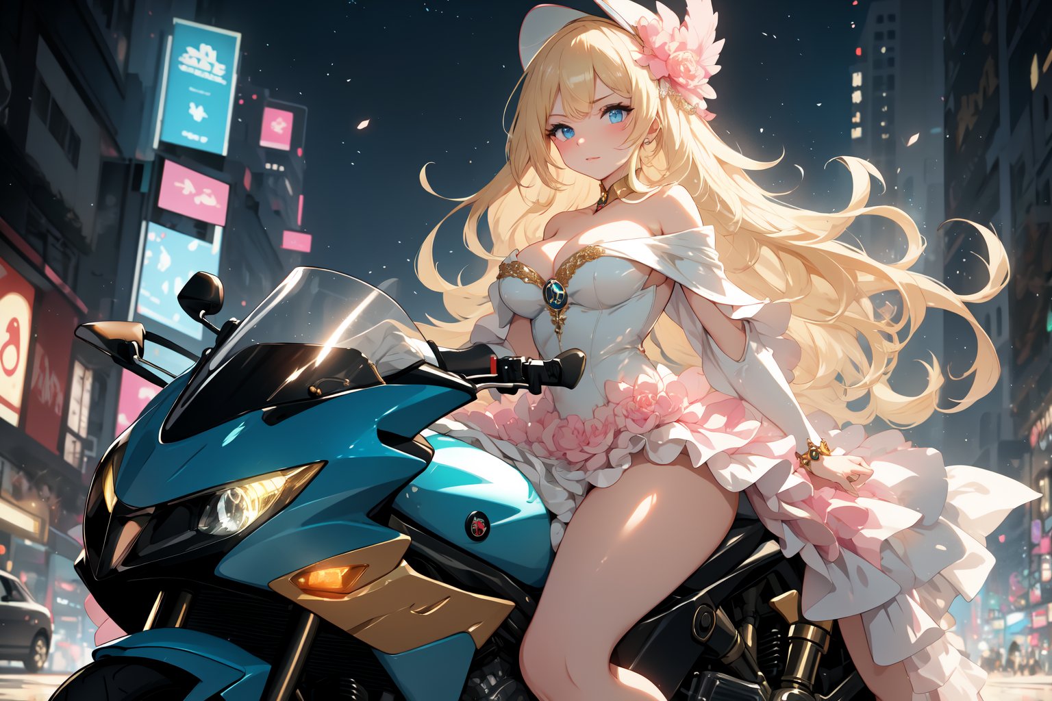 A sultry urban goddess astride a powerful motorcycle, bathed in vibrant neon city glow, confidently strikes a pose amidst towering skyscrapers. Neon hues illuminate the blue-pink frilled wedding dress clinging to her curves, showcasing the Wizard's hat-adorned bangs and off-shoulder design. blond long hair cascade down like a river, framing her striking features and golden hair flowing behind her. Piercing blue eyes gleam with mischief as she confronts the viewer beneath an ornate hair ornament on her flowing locks. City lights accentuate her features, highlighting a sugary sweet sensuality in this Sugimori Ken-inspired art piece.