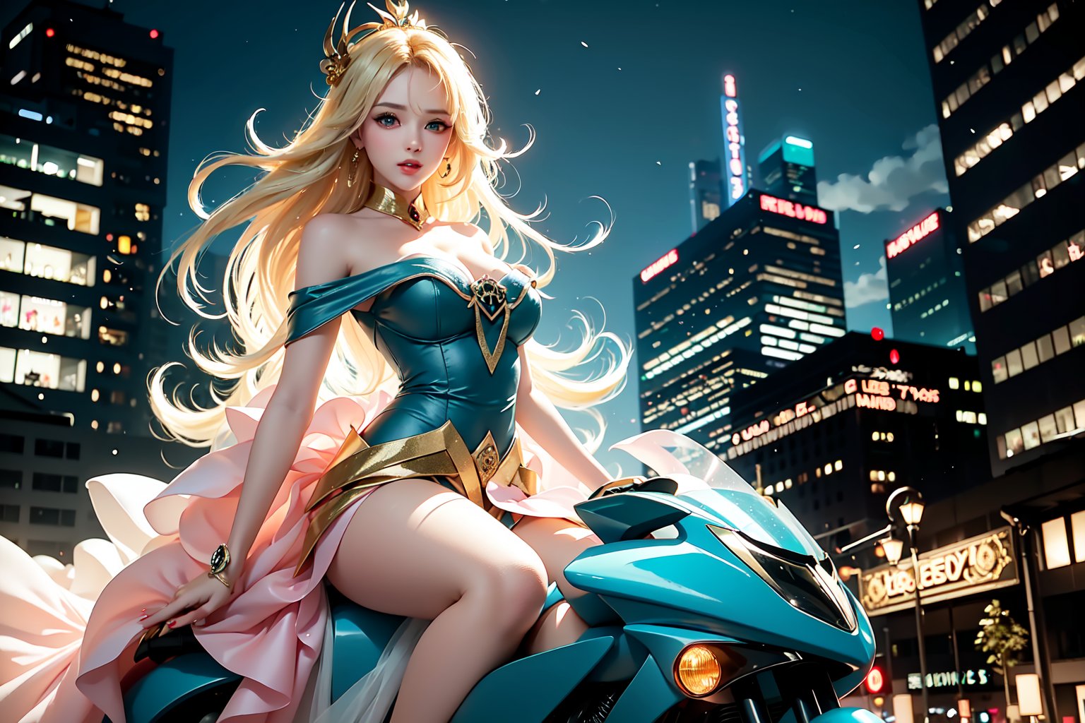 A sultry urban goddess astride a powerful motorcycle, bathed in vibrant neon city glow, confidently strikes a pose amidst towering skyscrapers. Neon hues illuminate the blue-pink frilled wedding dress clinging to her curves, showcasing the Wizard's hat-adorned bangs and off-shoulder design. blond long hair cascade down like a river, framing her striking features and golden hair flowing behind her. Piercing blue eyes gleam with mischief as she confronts the viewer beneath an ornate hair ornament on her flowing locks. City lights accentuate her features, highlighting a sugary sweet sensuality in this Sugimori Ken-inspired art piece.