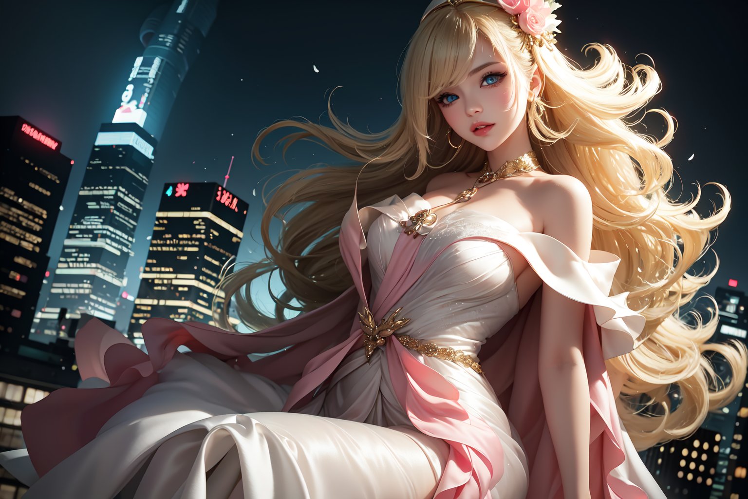 In a neon-drenched urban landscape, a sultry goddess astride a powerful motorcycle strikes a confident pose amidst towering skyscrapers. The vibrant glow illuminates the blue-pink frilled wedding dress clinging to her curves, showcasing the Wizard's hat-adorned bangs and off-shoulder design. Blond locks cascade down like a river, framing her striking features and golden hair flowing behind her. Piercing blue eyes gleam with mischief as she confronts the viewer beneath an ornate hair ornament on her flowing locks. City lights accentuate her features, highlighting sugary sweet sensuality in this Sugimori Ken-inspired art piece.