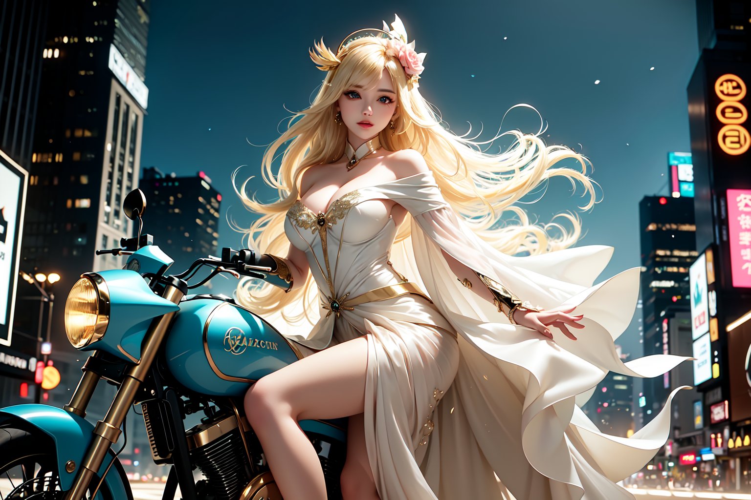 A sultry urban goddess astride a powerful motorcycle, bathed in vibrant neon city glow, confidently strikes a pose amidst towering skyscrapers. Neon hues illuminate the blue-pink frilled wedding dress clinging to her curves, showcasing the Wizard's hat-adorned bangs and off-shoulder design. blond long hair cascade down like a river, framing her striking features and golden hair flowing behind her. Piercing blue eyes gleam with mischief as she confronts the viewer beneath an ornate hair ornament on her flowing locks. City lights accentuate her features, highlighting a sugary sweet sensuality in this Sugimori Ken-inspired art piece.