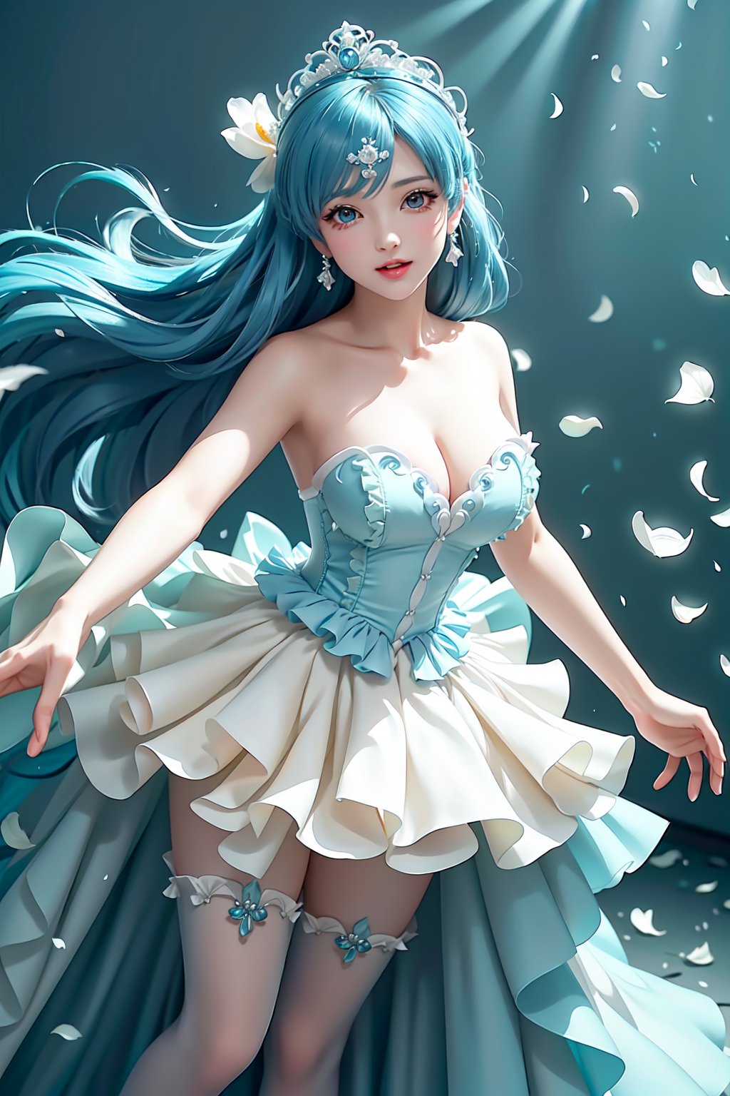 Here's a prompt that captures the essence of this vivid description:

Create an image of an idol in a daring pose on a stage lit by warm movie lighting and neon lights. She wears a revealing blue frilled wedding dress with long blue hair adorned with gems. Her breasts are showcased with cleavage, glistening with sweat as she points with one hand while her other arm rests on the stage. The spotlight highlights her figure, white stockings, and intricate hair accessories against a blurred background of floral patterns and music notes. Ryuubi-style cross laces adorn her underbust, lifting her skirt to reveal more of her stunning physique. The overall effect should be visually stunning, with high-quality details and a sense of movement.