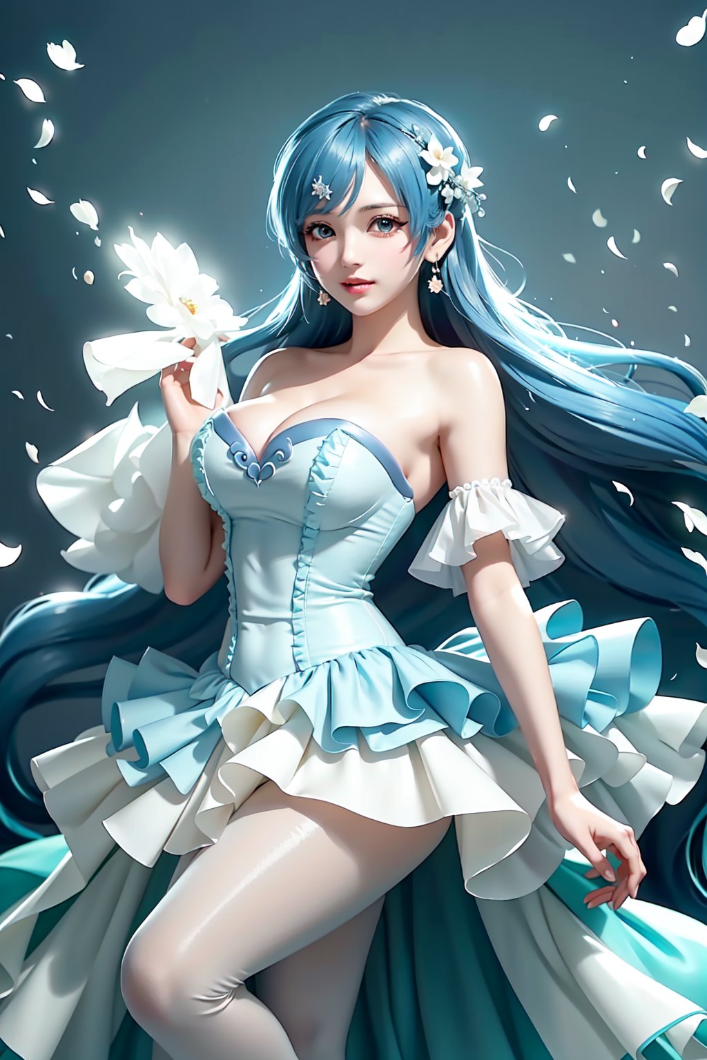 Here's a prompt that captures the essence of this vivid description:

Create an image of an idol in a daring pose on a stage lit by warm movie lighting and neon lights. She wears a revealing blue frilled wedding dress with long blue hair adorned with gems. Her breasts are showcased with cleavage, glistening with sweat as she points with one hand while her other arm rests on the stage. The spotlight highlights her figure, white stockings, and intricate hair accessories against a blurred background of floral patterns and music notes. Ryuubi-style cross laces adorn her underbust, lifting her skirt to reveal more of her stunning physique. The overall effect should be visually stunning, with high-quality details and a sense of movement.