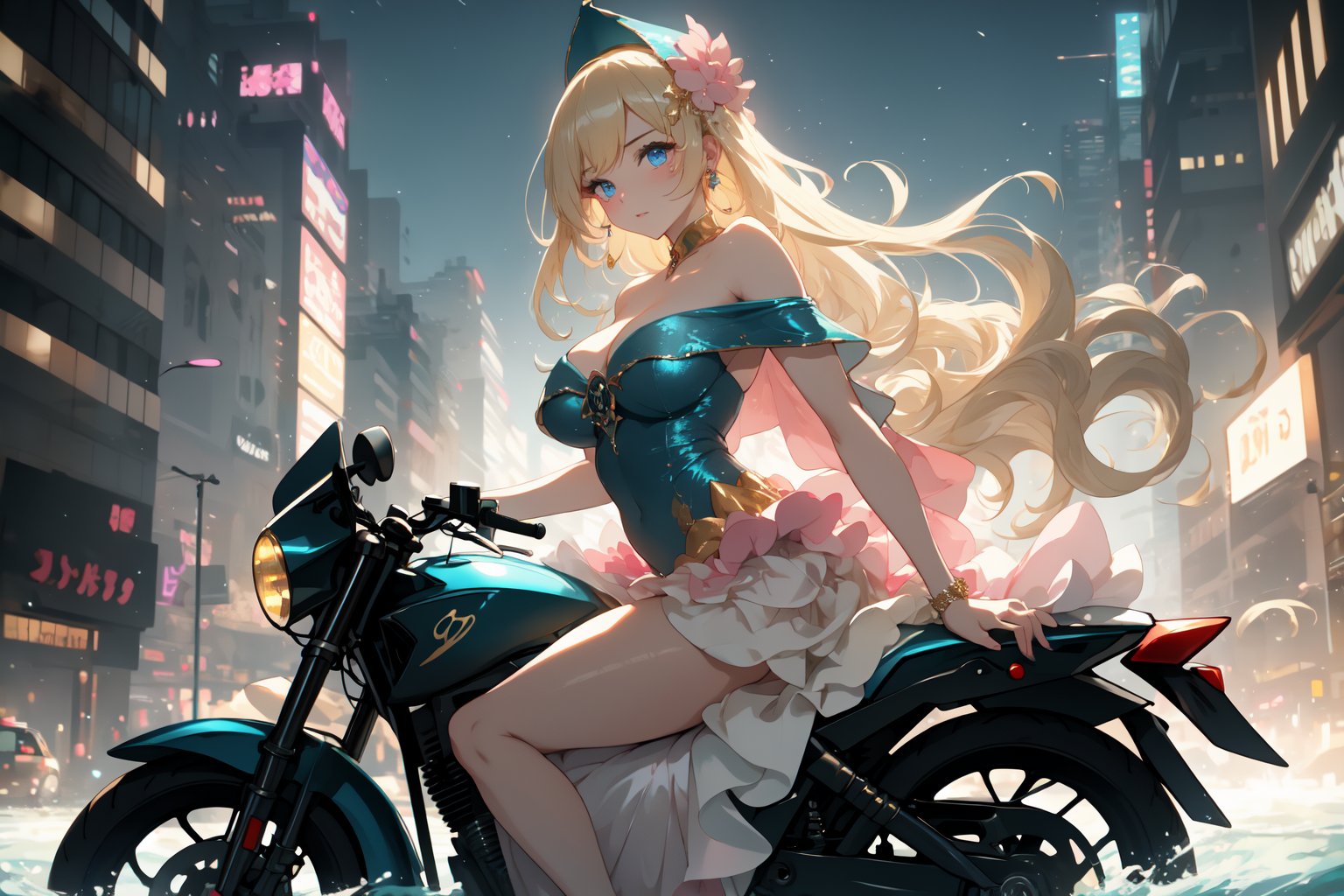 A sultry urban goddess astride a powerful motorcycle, bathed in vibrant neon city glow, confidently strikes a pose amidst towering skyscrapers. Neon hues illuminate the blue-pink frilled wedding dress clinging to her curves, showcasing the Wizard's hat-adorned bangs and off-shoulder design. blond long hair cascade down like a river, framing her striking features and golden hair flowing behind her. Piercing blue eyes gleam with mischief as she confronts the viewer beneath an ornate hair ornament on her flowing locks. City lights accentuate her features, highlighting a sugary sweet sensuality in this Sugimori Ken-inspired art piece.