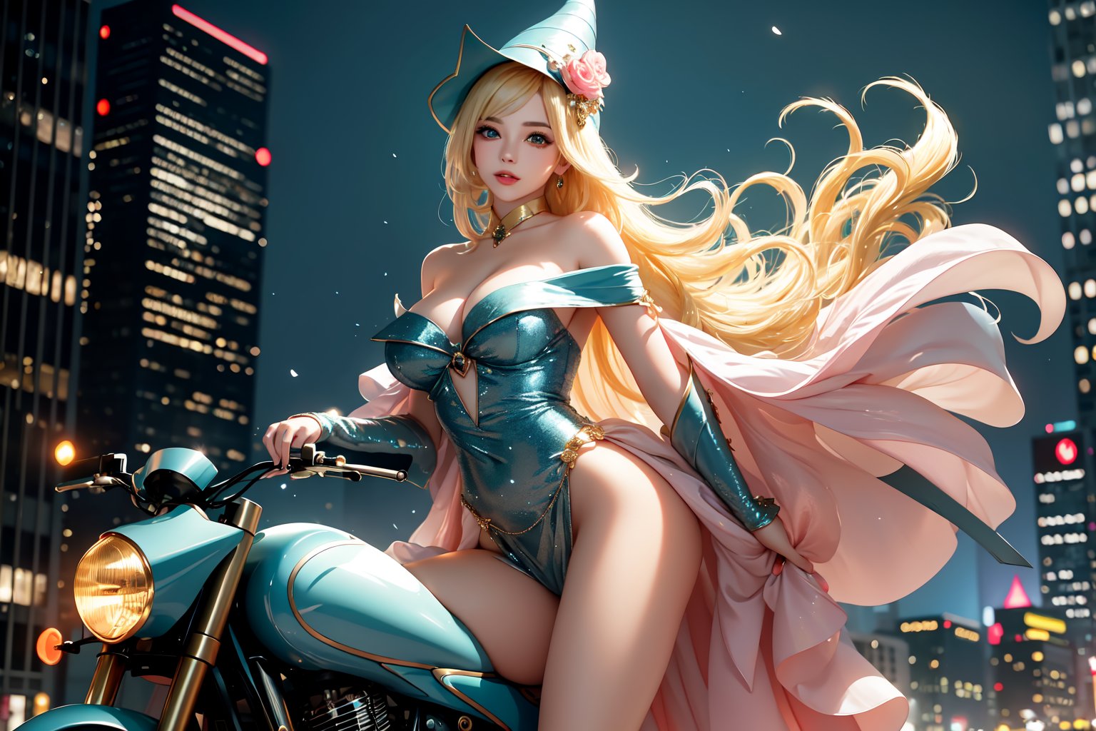 A sultry urban goddess astride a powerful motorcycle, bathed in vibrant neon city glow, confidently strikes a pose amidst towering skyscrapers. Neon hues illuminate the blue-pink frilled wedding dress clinging to her curves, showcasing the Wizard's hat-adorned bangs and off-shoulder design. blond long hair cascade down like a river, framing her striking features and golden hair flowing behind her. Piercing blue eyes gleam with mischief as she confronts the viewer beneath an ornate hair ornament on her flowing locks. City lights accentuate her features, highlighting a sugary sweet sensuality in this Sugimori Ken-inspired art piece.