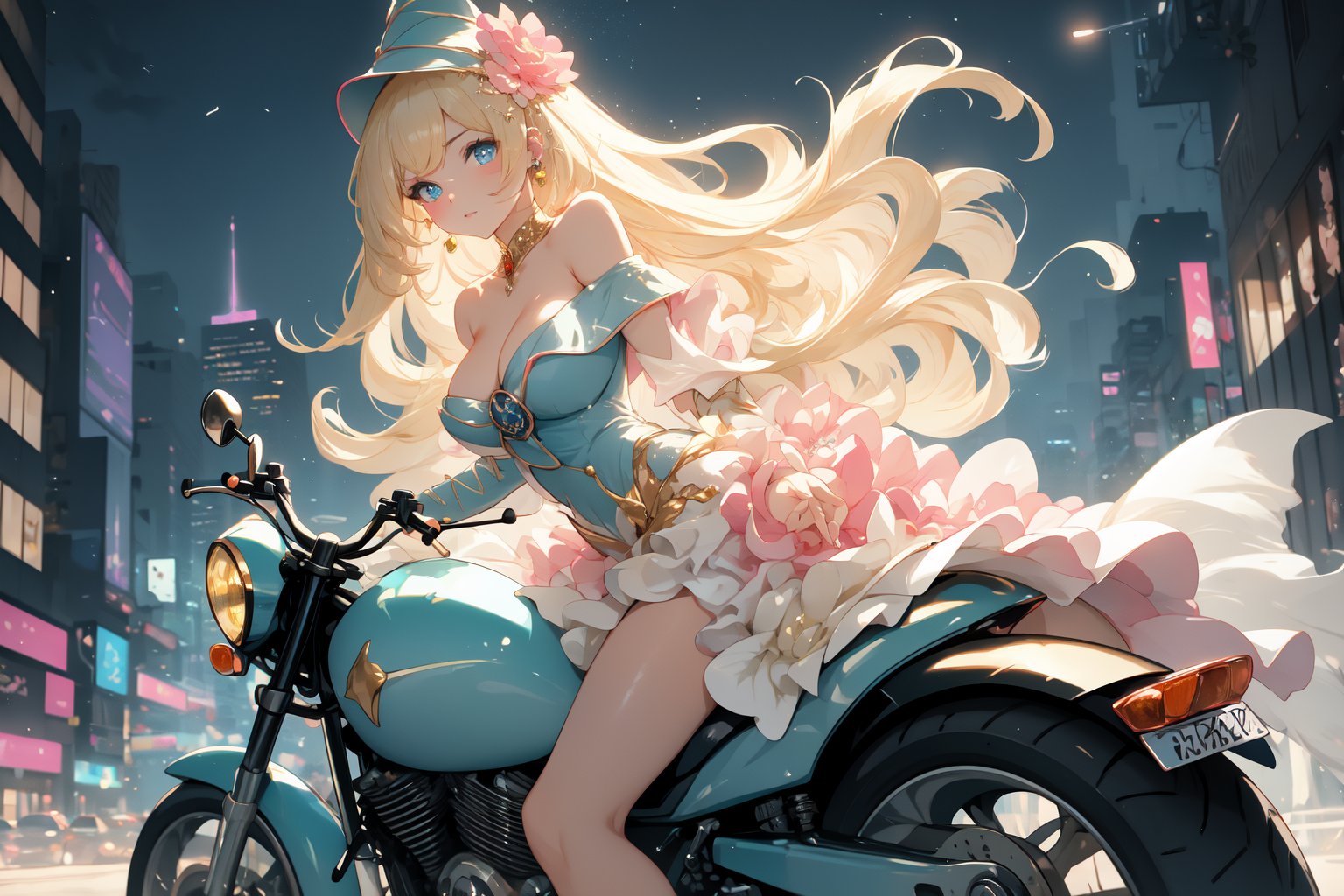 A sultry urban goddess astride a powerful motorcycle, bathed in vibrant neon city glow, confidently strikes a pose amidst towering skyscrapers. Neon hues illuminate the blue-pink frilled wedding dress clinging to her curves, showcasing the Wizard's hat-adorned bangs and off-shoulder design. blond long hair cascade down like a river, framing her striking features and golden hair flowing behind her. Piercing blue eyes gleam with mischief as she confronts the viewer beneath an ornate hair ornament on her flowing locks. City lights accentuate her features, highlighting a sugary sweet sensuality in this Sugimori Ken-inspired art piece.