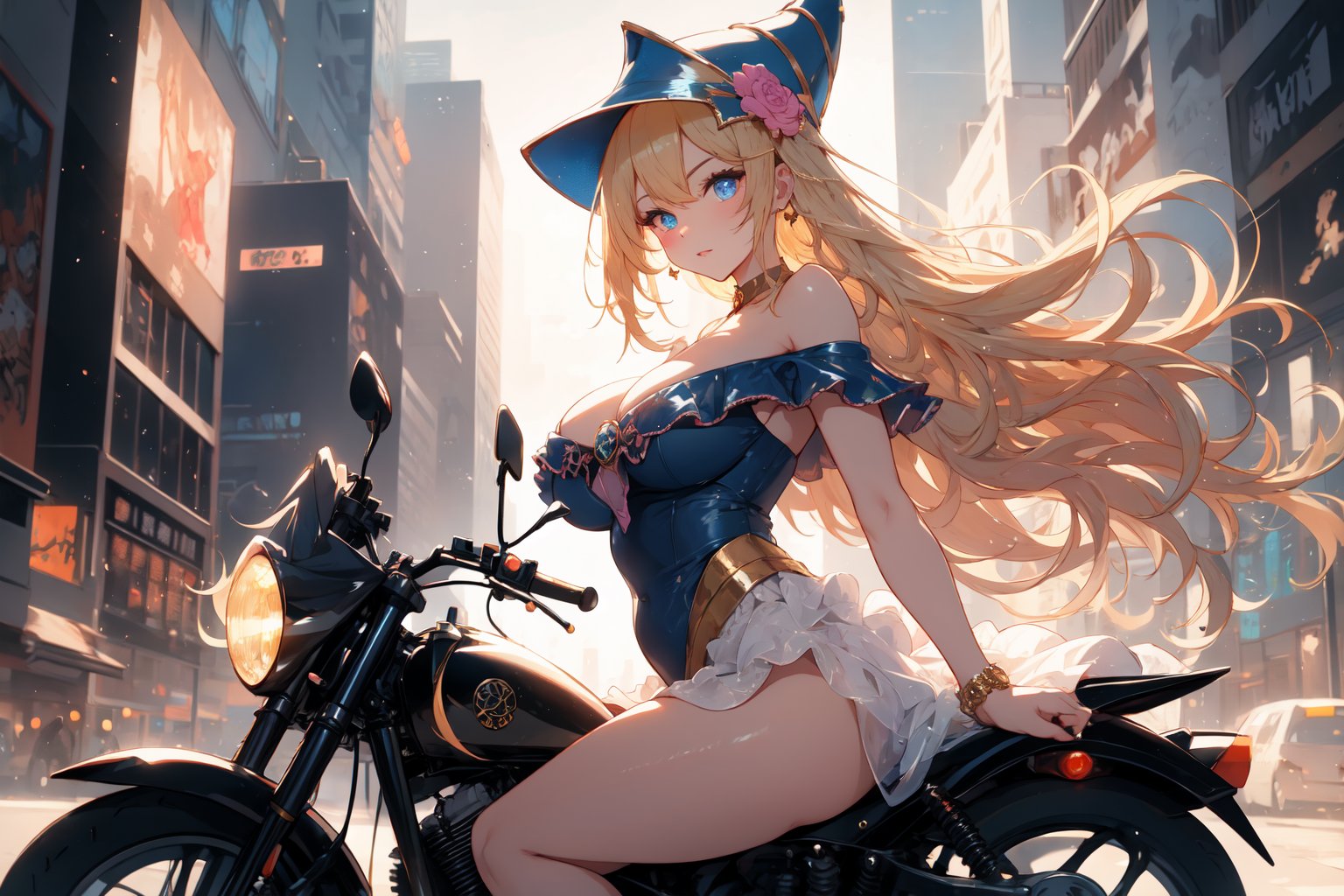 A sultry urban goddess astride a powerful motorcycle, bathed in vibrant neon city glow, confidently strikes a pose amidst towering skyscrapers. Neon hues illuminate the blue-pink frilled wedding dress clinging to her curves, showcasing the Wizard's hat-adorned bangs and off-shoulder design. blond long hair cascade down like a river, framing her striking features and golden hair flowing behind her. Piercing blue eyes gleam with mischief as she confronts the viewer beneath an ornate hair ornament on her flowing locks. City lights accentuate her features, highlighting a sugary sweet sensuality in this Sugimori Ken-inspired art piece.