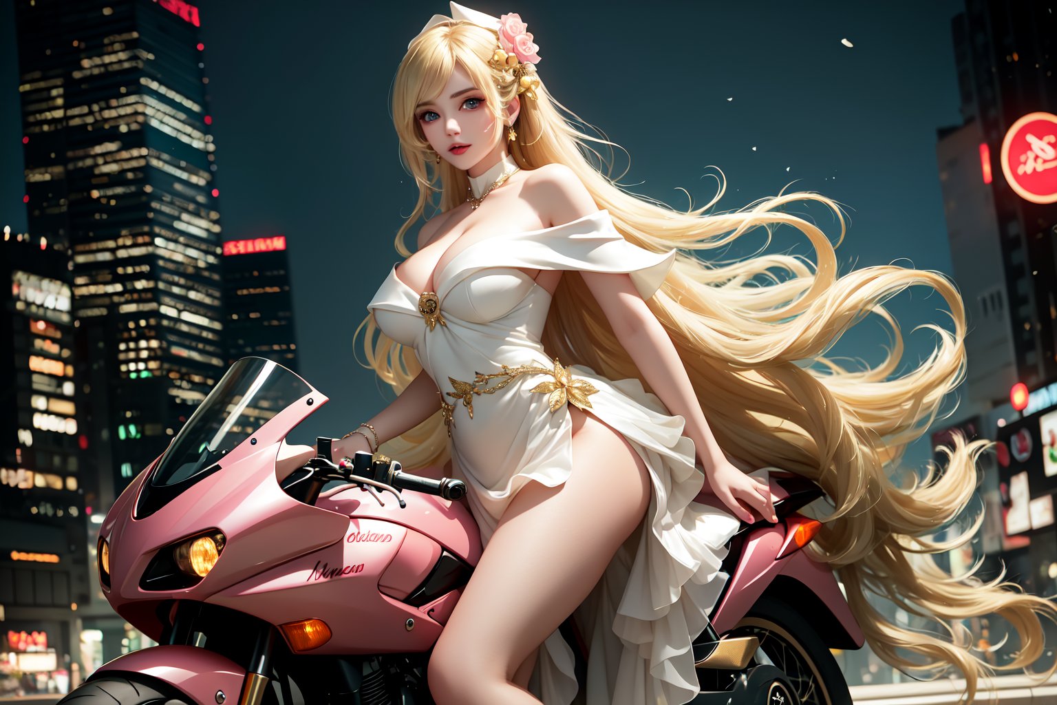 A sultry urban goddess astride a powerful motorcycle, bathed in vibrant neon city glow, confidently strikes a pose amidst towering skyscrapers. Neon hues illuminate the blue-pink frilled wedding dress clinging to her curves, showcasing the Wizard's hat-adorned bangs and off-shoulder design. blond long hair cascade down like a river, framing her striking features and golden hair flowing behind her. Piercing blue eyes gleam with mischief as she confronts the viewer beneath an ornate hair ornament on her flowing locks. City lights accentuate her features, highlighting a sugary sweet sensuality in this Sugimori Ken-inspired art piece.