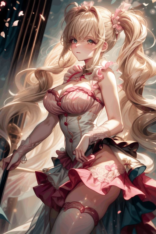 Here is a coherent and descriptive prompt for the described image: A close-up shot of a majestic idol standing on stage amidst confetti and hearts, with her big aqua eyes sparkling as she poses sweetly beneath her pink frilled wedding dress. The camera focuses on her underbust design accentuating large breasts, framed by delicate lace details. Her blond heart-shaped twintails adorned with gems and jewelry cascade down. As Skirt fluttering violently, showcasing her perfectly proportioned face and tantalizing physique, a glimpse of silk panties with lace-trimmed 2.0 is revealed underneath the flowing fabric.,hmnl,floral dress, simple background, flower, twintails