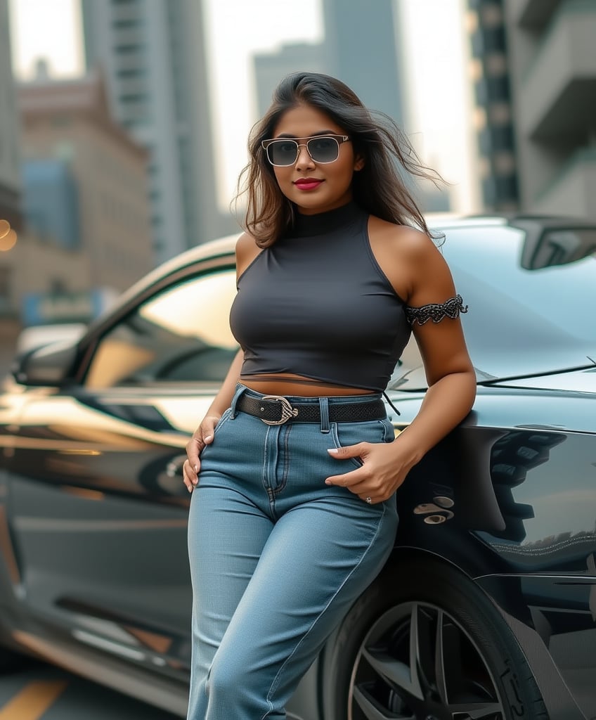 Generate an image of a confident Indian woman leaning against a sleek, modern car in an urban setting. She’s wearing a high-neck, sleeveless crop top paired with wide-legged, low-waisted jeans, creating a bold and stylish look. Her sunglasses rest on the bridge of her nose as she gazes forward with a relaxed, yet powerful expression. The cityscape behind her is filled with towering buildings and bright lights, reflecting off the polished surface of the car. The scene should evoke a strong, urban vibe, highlighting a blend of modern fashion with a cool, city-chic attitude.