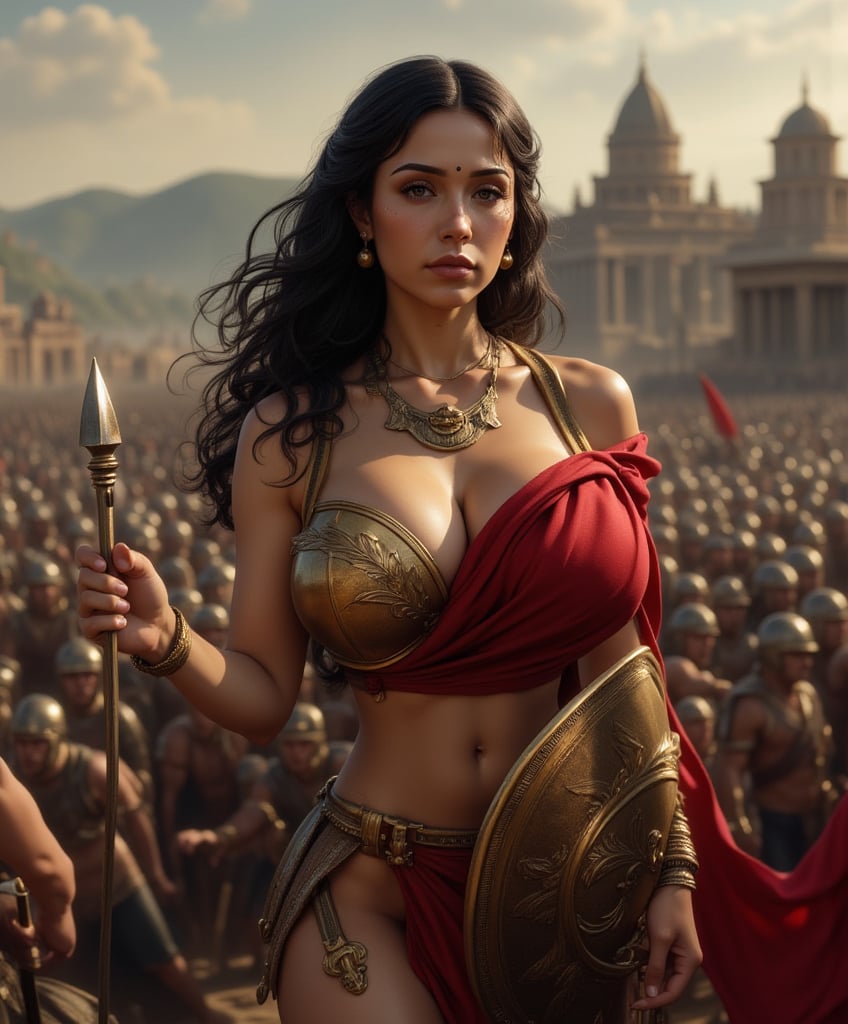 Generate hyper-realistic, hyper detailed image of a beautiful young woman of 28 yrs, round perky bust, with wavy brown-black hair and soft delicate skin,  

Depict Nike hovering above the battlefield of Troy, watching over the Trojan War with a serious, contemplative expression. She is dressed in a bronze breastplate and red cape, her wings casting shadows over the soldiers below. In one hand, she holds a spear pointing toward victory, while in the other, she grips a shield adorned with intricate designs. The background shows the famous city of Troy with its towering walls, and the scene is filled with warriors engaged in fierce combat, while Nike’s presence brings an aura of fate and destiny.

The camera captures her in a half-body shot with a 35mm lens, focusing on the young woman's beauty, the details of her outfit and the surrounding environment. The lighting contrasts with the dark areas of poorly lit area of picture. 
The image has an 8K resolution, which highlights the details of the background and the textures of the young woman's outfit, ek_ph0t0_b00ster