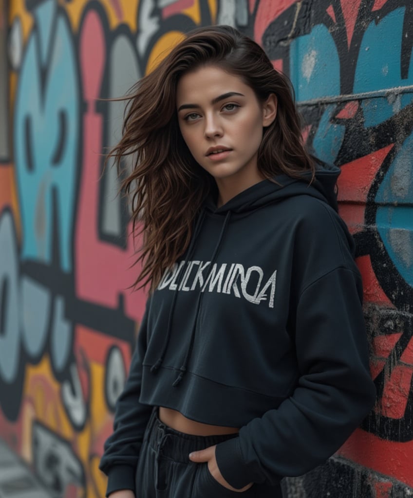 8k uhd, dslr, soft lighting, high quality hyper-realistic image, full body shot, wide-angle shot of a healthy woman of around 28 years with bit of curvy figure, wavy black-brown hair, big almond-shaped eyes, her body is facing camera, she is 

in a cropped hoodie and combat boots, hands in pocket, posing against a graffiti-covered wall, showing off her edgy fashion sense,

ek_ph0t0_b00ster, all enhanced, beauy_ks01,ek_real_b00ster, stunning full color, front camera shot, full body shot, 