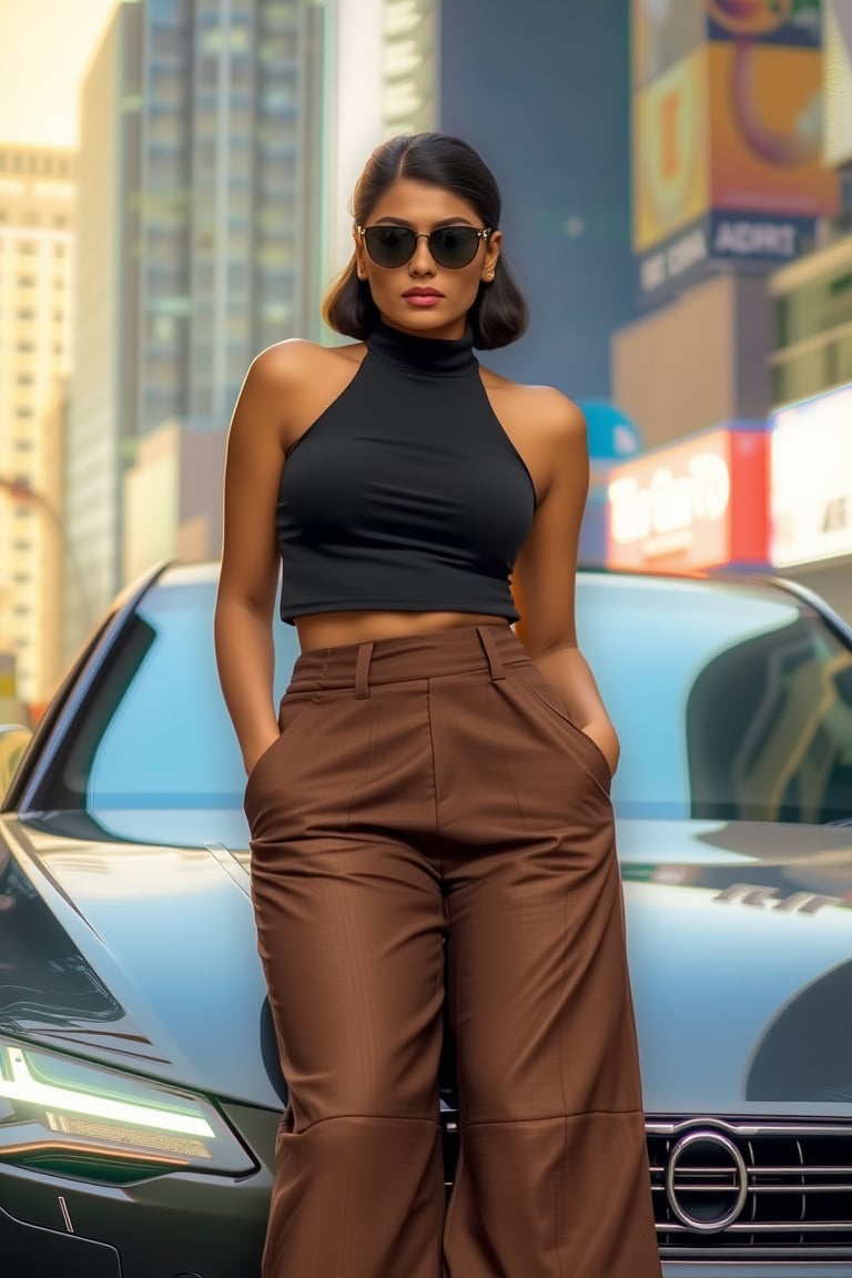 Generate an image of a confident Indian woman leaning against a sleek, modern car in an urban setting. She’s wearing a high-neck, sleeveless crop top paired with wide-legged, high-waisted trousers, creating a bold and stylish look. Her sunglasses rest on the bridge of her nose as she gazes forward with a relaxed, yet powerful expression. The cityscape behind her is filled with towering buildings and bright lights, reflecting off the polished surface of the car. The scene should evoke a strong, urban vibe, highlighting a blend of modern fashion with a cool, city-chic attitude.