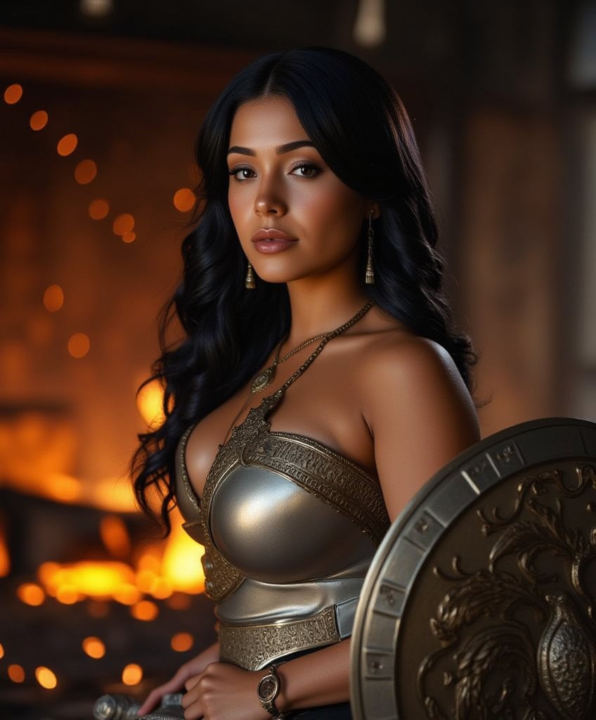 Generate hyper-realistic, hyper detailed image of a beautiful young woman of 28 yrs, round perky bust, with wavy brown-black hair and soft delicate skin,  

Depict Nike in a blacksmith's forge, overseeing the creation of a ceremonial shield, symbolizing protection and triumph. She stands behind the blacksmith, who is hammering molten metal into shape. She is dressed in a silver tunic with a breastplate, her wings slightly extended. The glowing forge lights up her face, and her expression is one of careful observation. The background is filled with sparks and the glowing embers of the forge, while the shield being crafted bears intricate designs of her symbols: wings, laurels, and eagles.

The camera captures her in a half-body shot with a 35mm lens, focusing on the young woman's beauty, the details of her outfit and the surrounding environment. The lighting contrasts with the dark areas of poorly lit area of picture. 
The image has an 8K resolution, which highlights the details of the background and the textures of the young woman's outfit, ek_ph0t0_b00ster