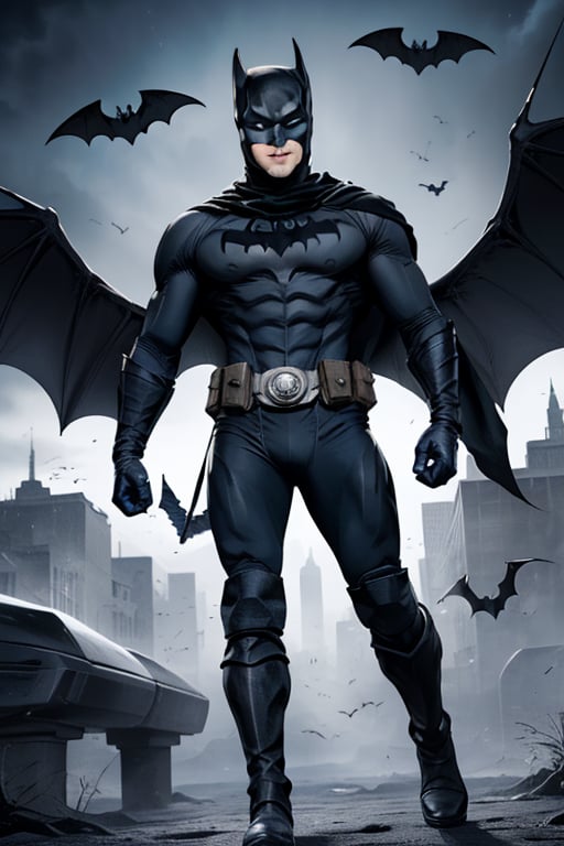 The animated version of Batman that belongs to the movie "Justice League x RWBY: Super Heroes & Huntsmen - Part 1" (He does have black hair, dark blue eyes, black pants, gray boots, gray metal knee pads, a gray breastplate with a black bat symbol on the front and underneath, a black long-sleeved t-shirt, black metal bat-shaped shoulder pads, gray armbands with 3 side blades on the sides, gloves blacks, a gray scarf, a gray utility belt and the age of 17), where Batman/Bruce Wayne is a "Bat Faunus" (Human being with two oversized black bat wings emerging from his back), in a landscape night with bats flying around,