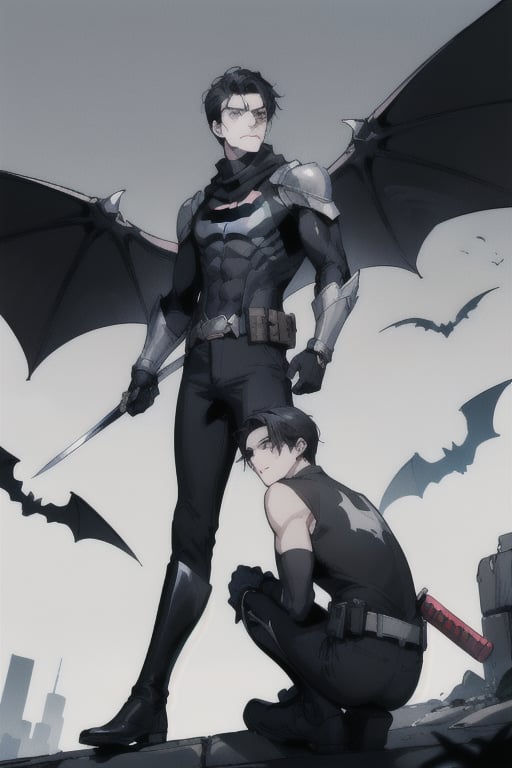 The animated version of Batman that belongs to the movie "Justice League x RWBY: Super Heroes & Huntsmen - Part 1" (He has black hair, dark blue eyes, black pants, gray boots with metal armor along them up to the knees, a gray breastplate with a black bat symbol on the chest and underneath, a black long-sleeved t-shirt, black metal bat-shaped shoulder pads, gray armbands with 3 side blades on the sides, black gloves, a gray scarf, a gray utility belt, 2 rapier type swords and the age of 17), where Batman/Bruce Wayne is a "Bat Faunus" (Human being with two huge black bat wings emerging from his back), in a landscape night with bats flying around.