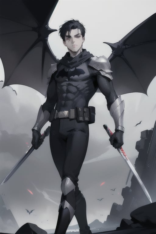 The animated version of Batman that belongs to the movie "Justice League x RWBY: Super Heroes & Huntsmen - Part 1" (He has black hair, dark blue eyes, black pants, gray boots with metal armor along them up to the knees, a gray breastplate with a black bat symbol on the chest and underneath, a black long-sleeved t-shirt, black metal bat-shaped shoulder pads, gray armbands with 3 side blades on the sides, black gloves, a gray scarf, a gray utility belt, 2 rapier type swords and the age of 17), where Batman/Bruce Wayne is a "Bat Faunus" (Human being with two huge black bat wings emerging from his back), in a landscape night with bats flying around.