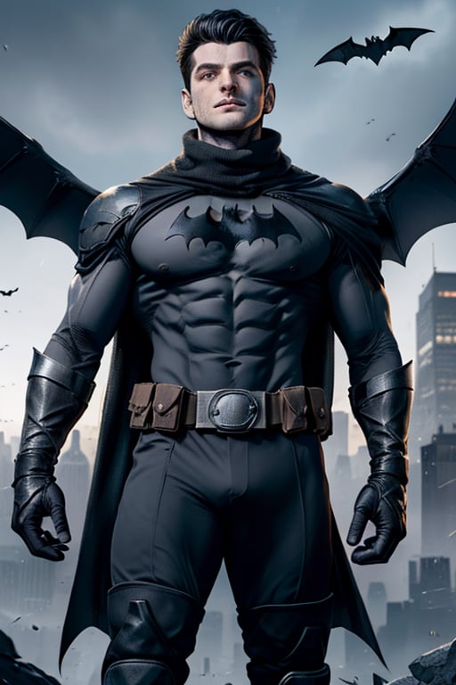 The animated version of Batman that belongs to the movie "Justice League x RWBY: Super Heroes & Huntsmen - Part 1" (He does have black hair, dark blue eyes, black pants, gray boots, gray metal knee pads, a gray breastplate with a black bat symbol on the front and underneath, a black long-sleeved t-shirt, black metal bat-shaped shoulder pads, gray armbands with 3 side blades on the sides, gloves blacks, a gray scarf, a gray utility belt and the age of 17), where Batman/Bruce Wayne is a "Bat Faunus" (Human being with two oversized black bat wings emerging from his back), in a landscape night with bats flying around,