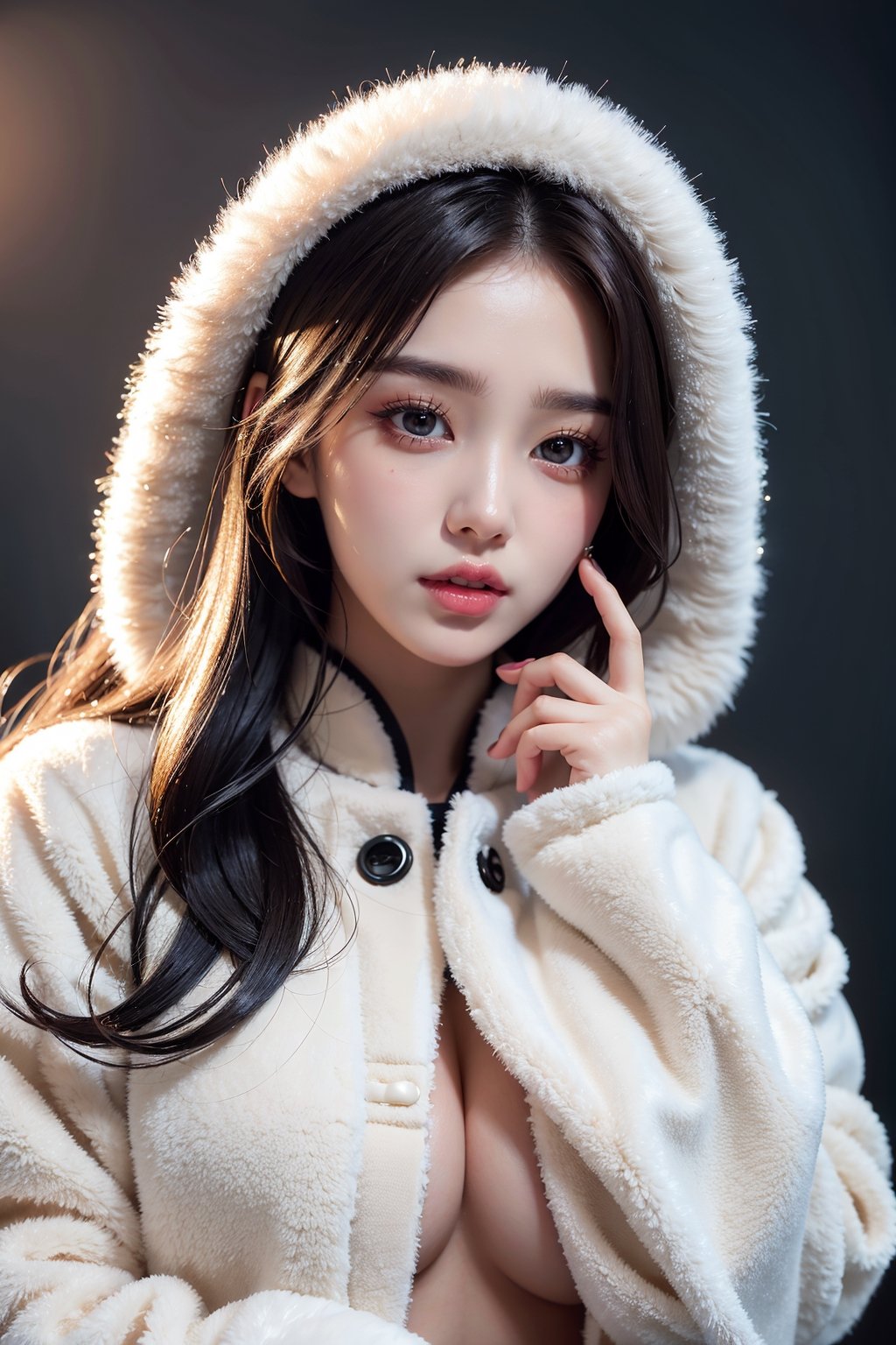 (masterpiece, top quality, best quality, official art, beautiful and aesthetic:1.2), hdr, high contrast, wideshot, 1girl, very long black hair, looking at viewer, clearly brown eyes, longfade eyebrow, soft make up, ombre lips, large breast (cheerfull act), frosty, parka jacket, (kpop clothing theme:1.5),  finger detailed, background detailed, ambient lighting, extreme detailed, cinematic shot, realistic ilustration, (soothing tones:1.3), (hyperdetailed:1.2)