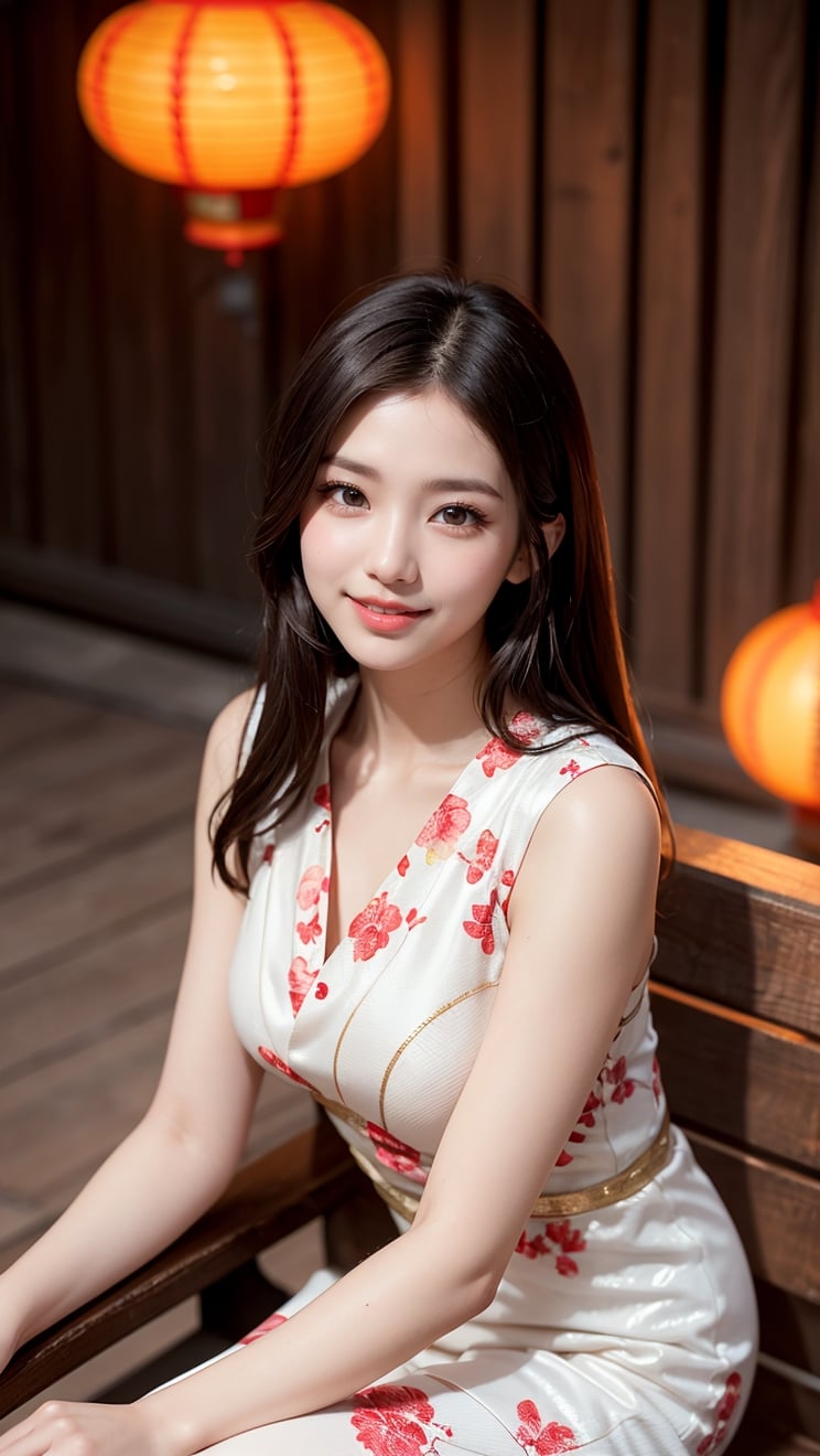 Create an photography, realistic image of a 25year-old beautiful Asian woman with fair skin, long Brown hair, piercing blue eyes, a normal-sized nose, and full, pouty lips. She stands at 5’9” and weighs around 170 pounds, curvier, with a confident posture, sitting crossed legs on a wooden bench, wearing a traditional extra short, red and white floral patterned dress, sitting on a wooden bench holding a fan , surrounded by red  lanterns with decorations and gold calligraphy with, indoors with wooden lattice and dramatic shadows, dark background with soft light from above, smiling looking at the camera. HD high resolution 8k realistic .
