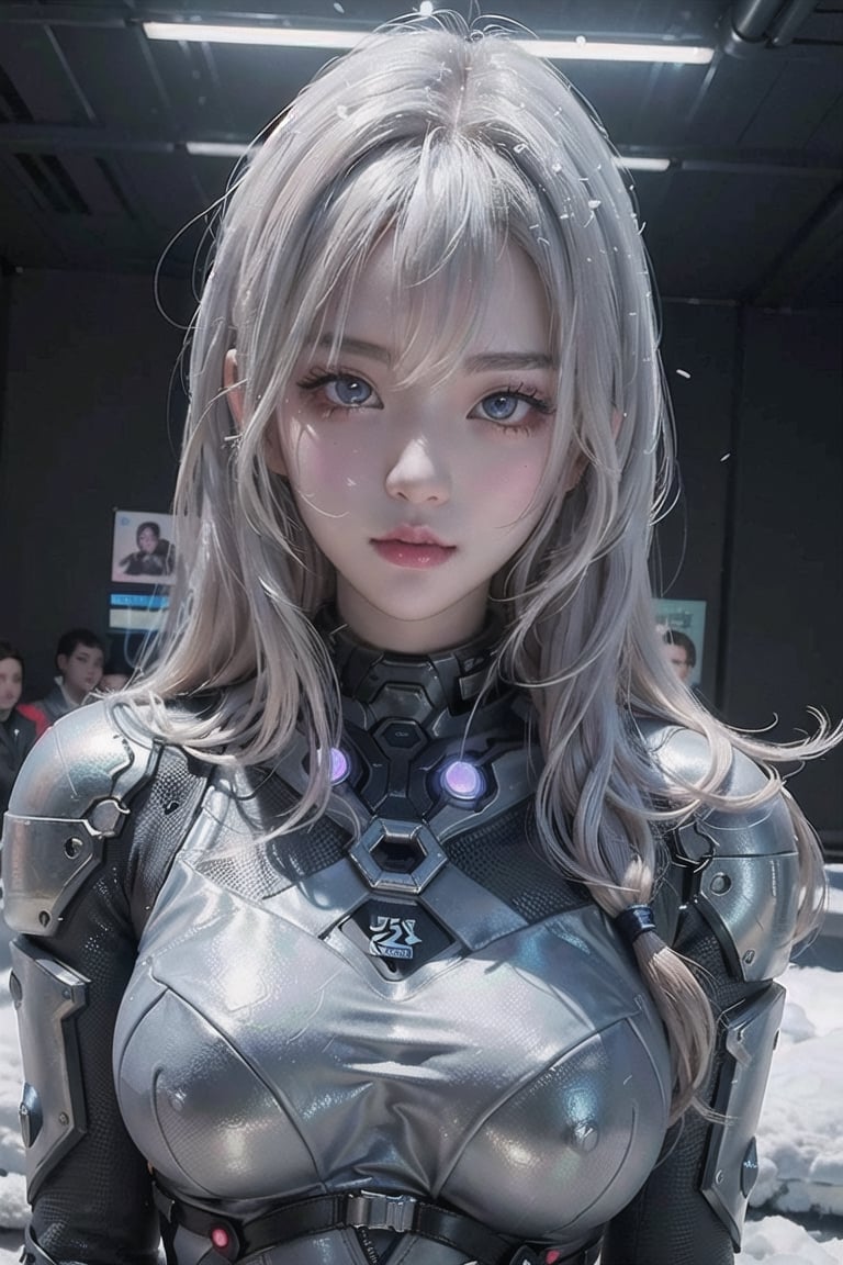 (masterpiece, best quality:1.4), ((a beautiful 24 years old woman)), solo, ((white snow long hair)), two bangs, ((cyberpunk suit)), 4k, (perfect face | oval face), trending on pixiv,perfecteyes, seductive body, white eyes, perfect anatomy, big_breast,Wlop, cyberpunk, ((ulzzang-6500)), ((gorgeous face)), looking at viewer