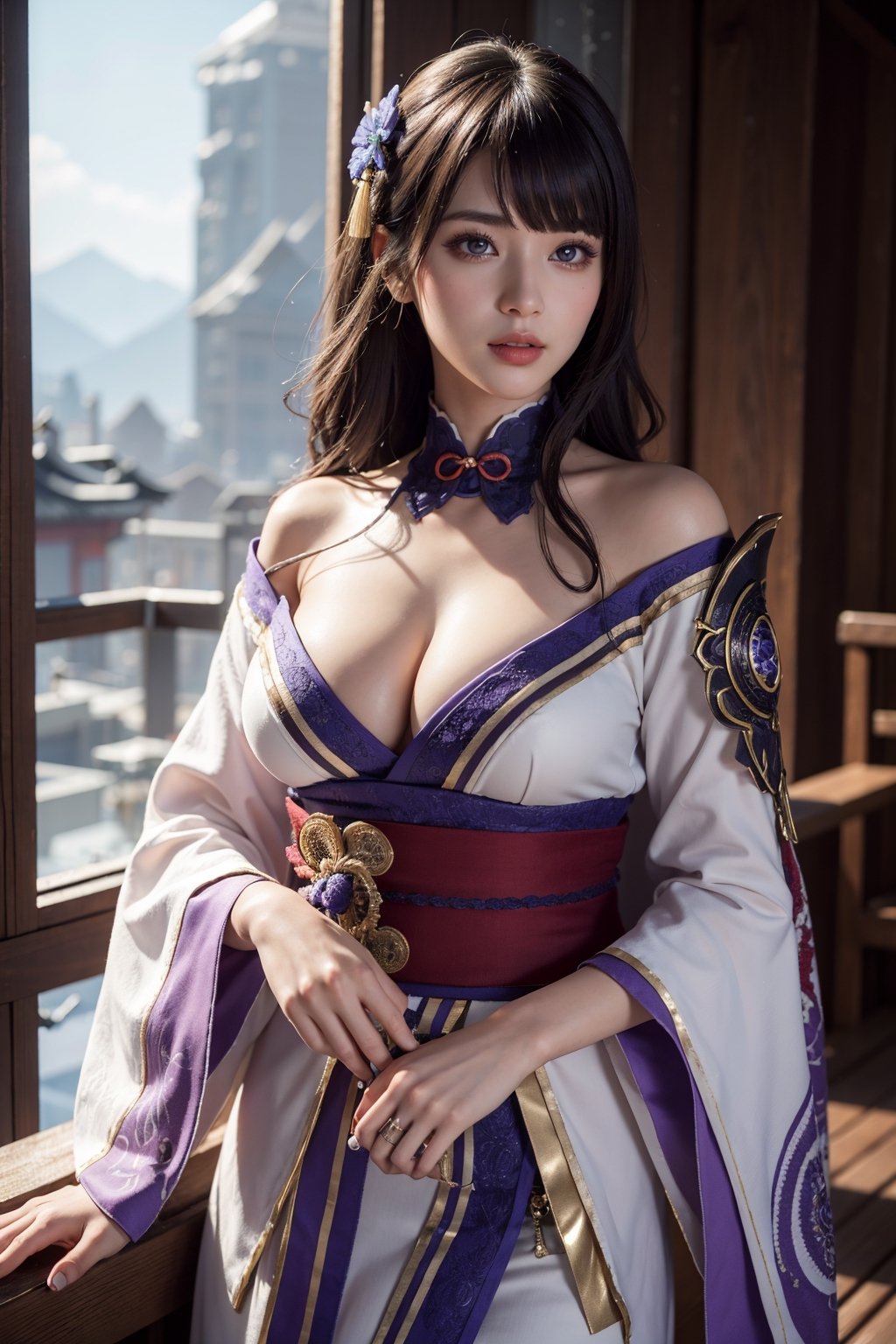 (masterpiece, top quality, best quality, official art, beautiful and aesthetic:1.2), hdr, high contrast, wideshot, 1girl, blunt bangs, looking at viewer, (seducing act), frosty, icy eyeshadow, longfade eyebrow, soft make up, juicy lips, large breast, hourglass body, light smile, finger detailed, background detailed, ambient lighting, extreme detailed, cinematic shot, realistic ilustration, (soothing tones:1.3), (hyperdetailed:1.2),raidenshogundef