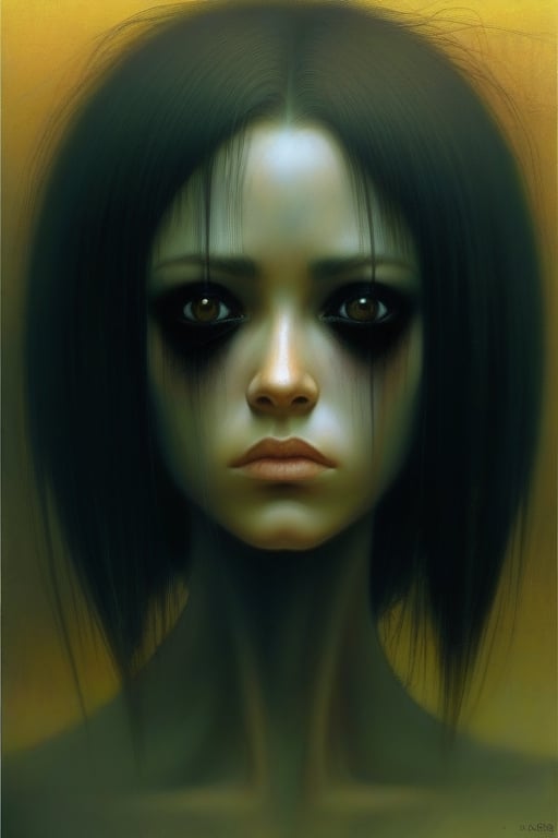 face of woman, bored, cool, digital artwork by Beksinski, LegendDarkFantasy, bobcut, ((black pupils)), hair strains