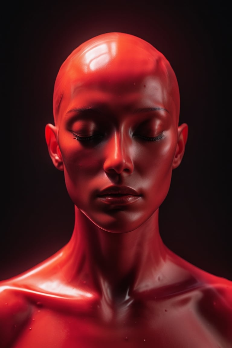 ((close up)), closed eyes, detail, bold head, ((neutral gender)), made of red wax, translucent wax figure, translucent face, organistic sculpture, ethereal figure, anatomy transparent body, 3d rendering, cinema 4d, blender_(software), DonMCr33pyN1ghtm4r3 