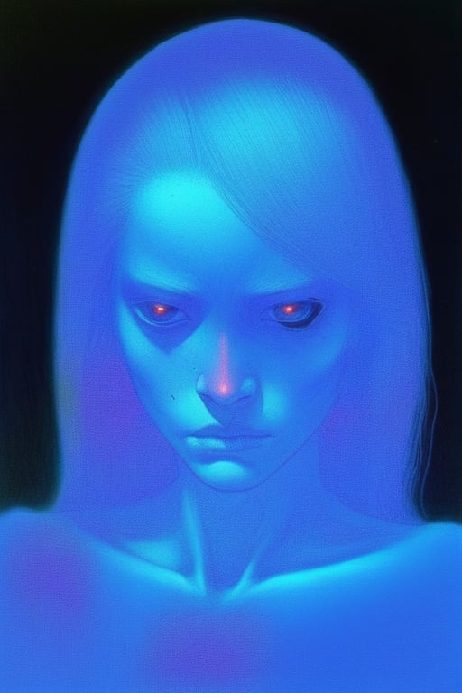 face of woman, indifferent, cool, digital artwork by Beksinski, LegendDarkFantasy, bobcut, (black eyes), hair strains