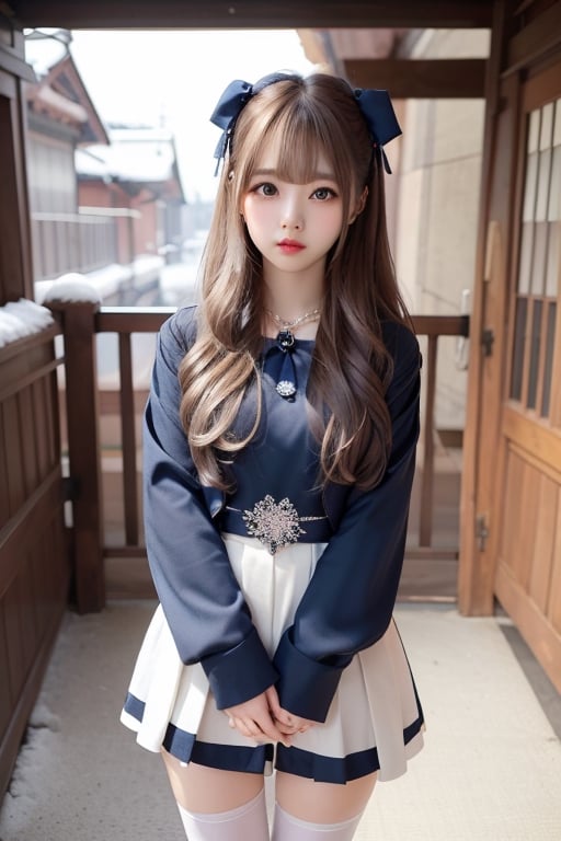 A sweet and cute Japanese girl with long blond hair, wearing Hanbok,dark blue bow on her head,black stockings,a crystal necklace, snow-white skin, Standing  in a East Gate,1girl ,sunlight,tattooedgirl,lisa,full_body