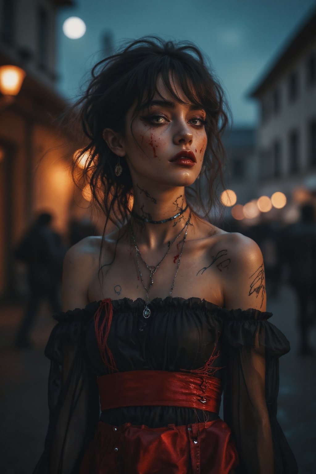 Exterior, fantastic dynamic poses, elegant and dramatic, transparency, translucent, action-packed, (intricate details), (ultra detail), 8k hdr, high detail, high quality, shadowless lighting, outfit, off Shoulder, gorgeous European woman, red lipstick, lip gloss , dark,moonlight,(blurred:1.3),(depth of field:1.2),intricate details,detailed,high quality,(messy hair:1.1),grainy,dress,woman,realistic ,france,skinny,low contrast,cool color ,bloody Halloween makeup , handsface , atmosphere,FluxGothicRealnime , church , orange backgrond,LyraEcho,lyraecho,cyberwoman