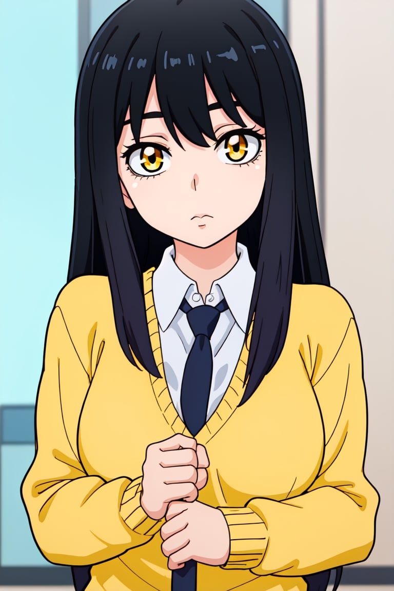 best quality,masterpiece,1girl,YotMiko,long hair,balck hair,yelow eyes,school uniform,necktie, yellow sweater, looking at viewer