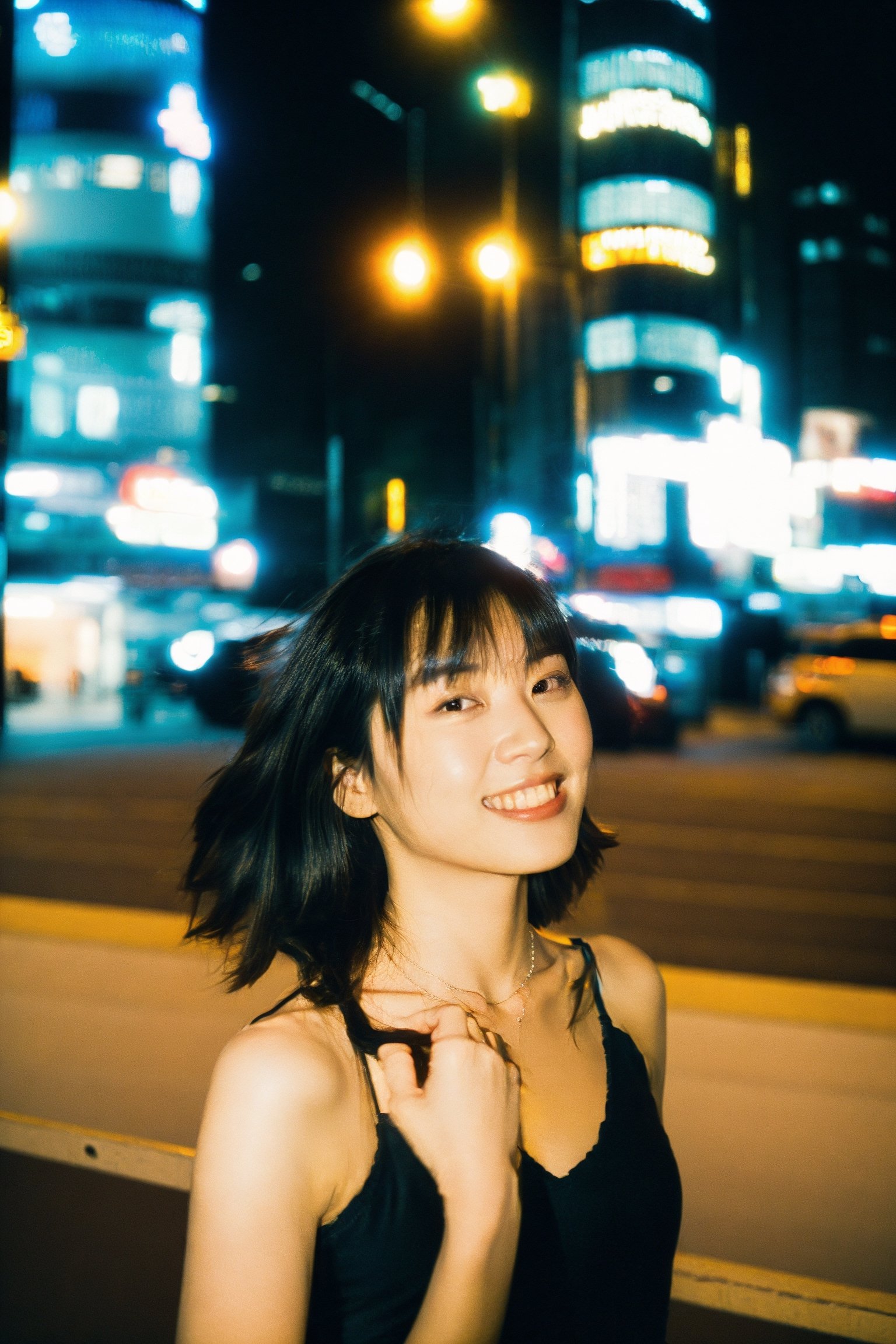 A 27-year-old Asian woman, noble, (((thin))), short hair, messy hair, Tulle Layered Tutu, necklace, 
Seductive Glance, High heels showcase, Sweet smile,
city, hong kong, Night, 
low key lighting, dutch angle, With Film Grain, Rule of Thirds,