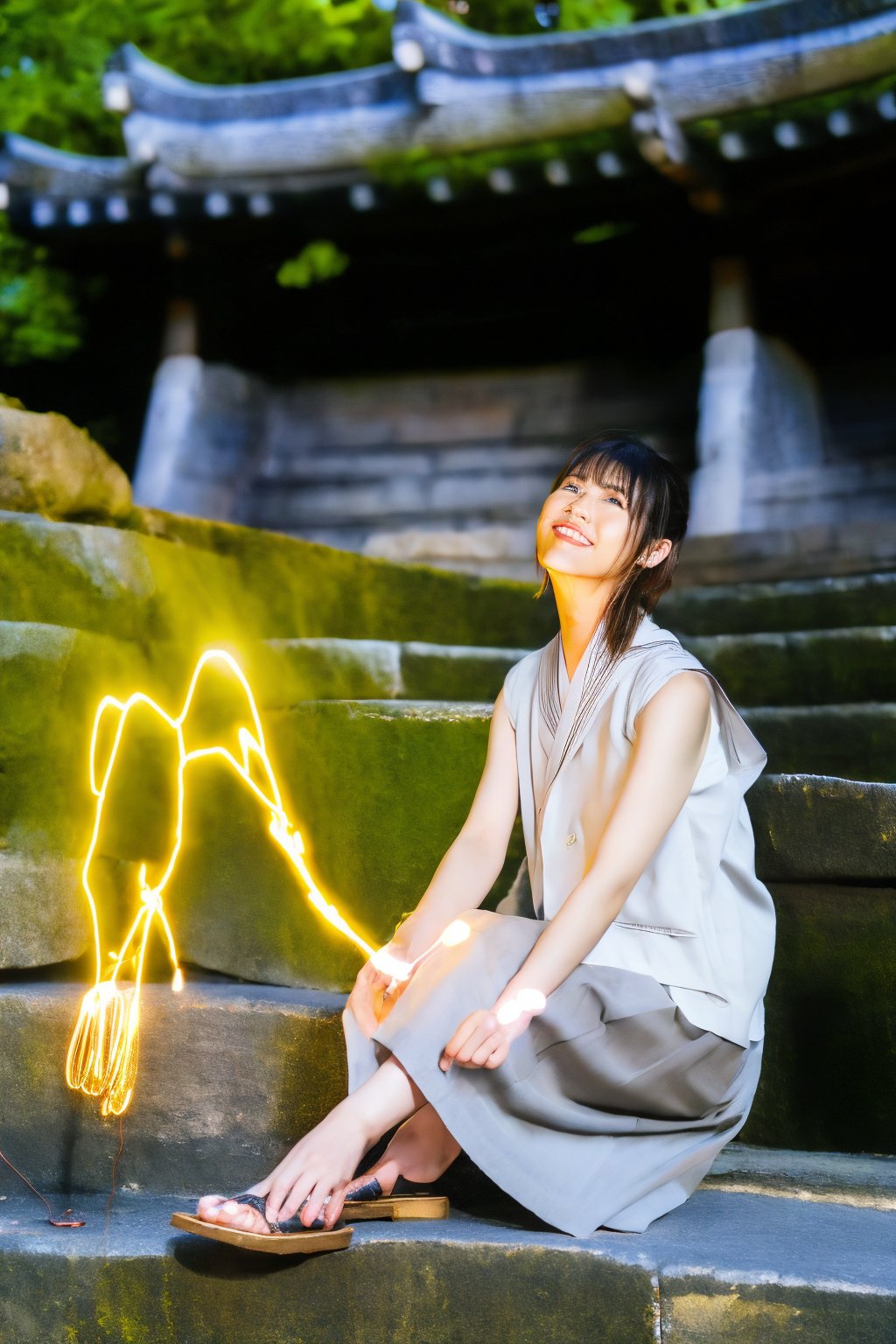 "A young Asian woman with short hair, wearing a stylish outfit, sitting on stone steps in an ancient Japanese shrine. The shrine has a futuristic touch with glowing wires floating in mid-air around her. The scene combines traditional elements with advanced technology, creating a unique blend of past and future. The woman's expression is confident and she looks directly at the camera."