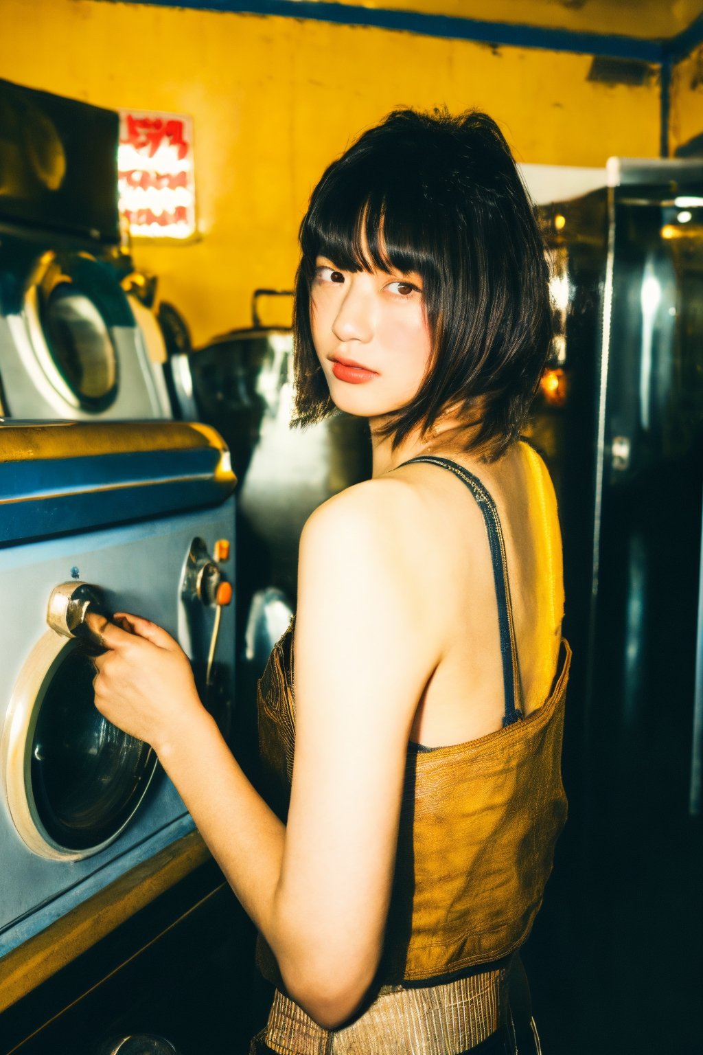 A young Asian woman with short hair, wearing a stylish outfit, squatting in front of a camera in a vintage Japanese laundromat. She is striking a cool pose with a confident look in her eyes, gazing directly at the camera. The scene has a warm yellow tone, evoking a retro atmosphere.