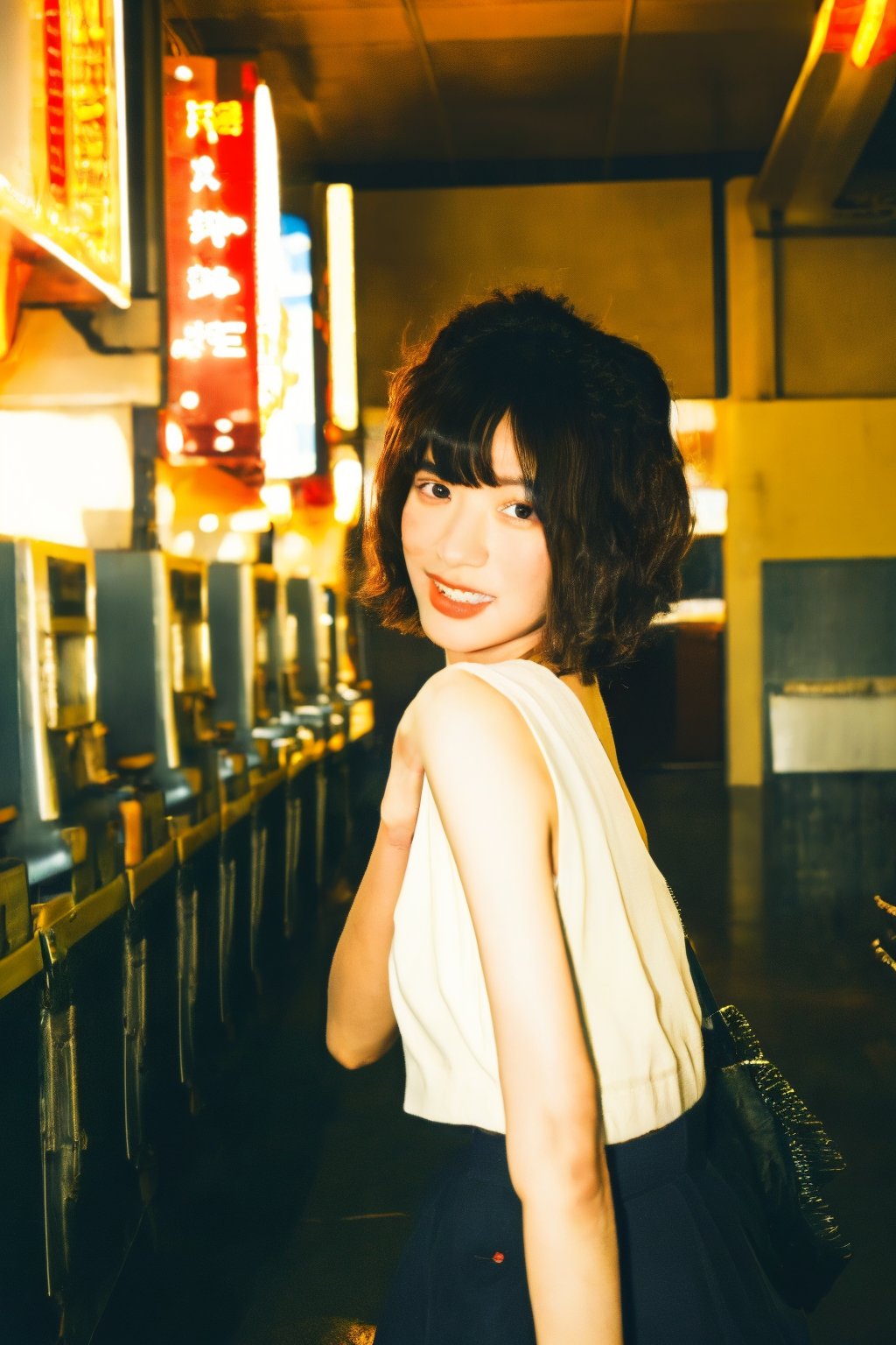 A young Asian woman with short hair, wearing a stylish outfit, squatting in front of a camera in a vintage Japanese laundromat. She is striking a cool pose with a confident look in her eyes, gazing directly at the camera. The scene has a warm yellow tone, evoking a retro atmosphere.