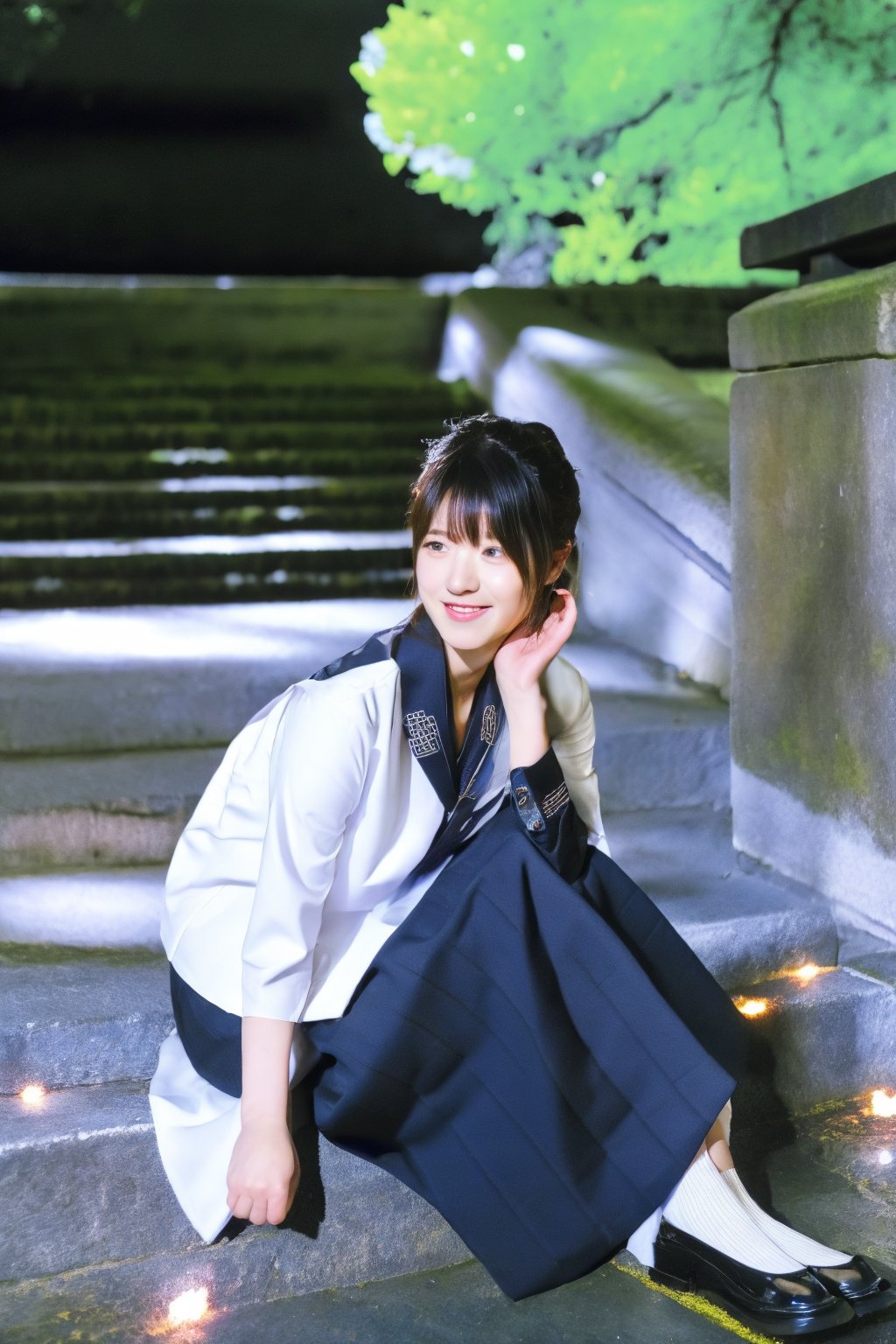 A young Asian woman, short hair, wearing a stylish outfit, sitting on stone steps in an ancient Japanese shrine set in space. The shrine has a futuristic touch with glowing wires floating in mid-air around her. The scene combines traditional elements with advanced technology, creating a unique blend of past and future. The woman's expression is confident and she looks directly at the camera. The background features a cosmic space view, adding to the sci-fi atmosphere